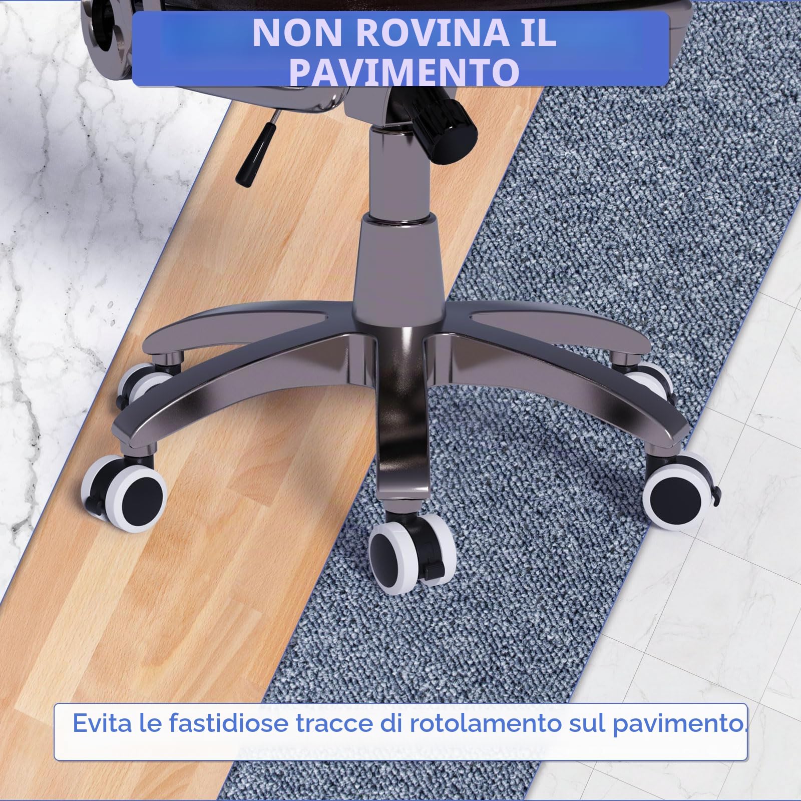 LIHAO 5 Pezzi Ruote Sedia Ufficio, 11X 50MM Ruote per Mobili con Freno di Sicurezza per Piastrelle Pavimento Duro Moquette, Bianco + Nero