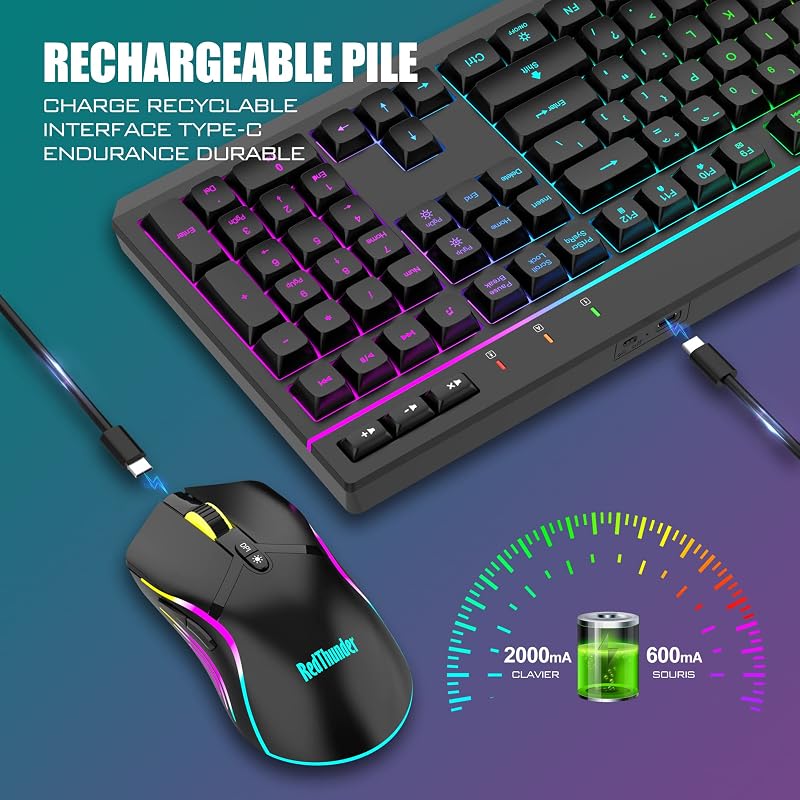 RedThunder K20 Vezeték nélküli billentyűzet és egér szett AZERTY RGB háttérvilágítás 4800 DPI