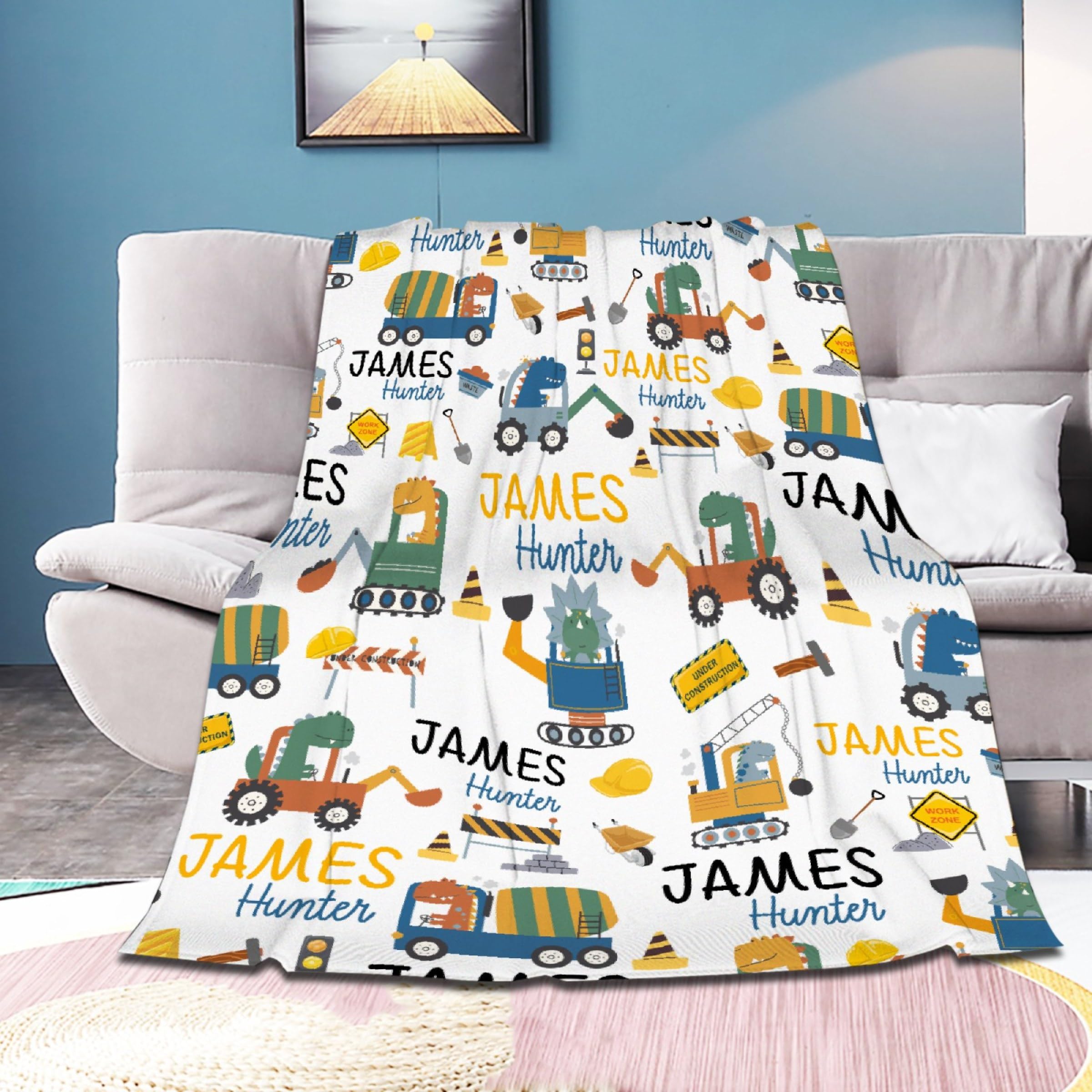 Personalized Dinosaurs Construction Trucks Blanket Gift for Boy Girl