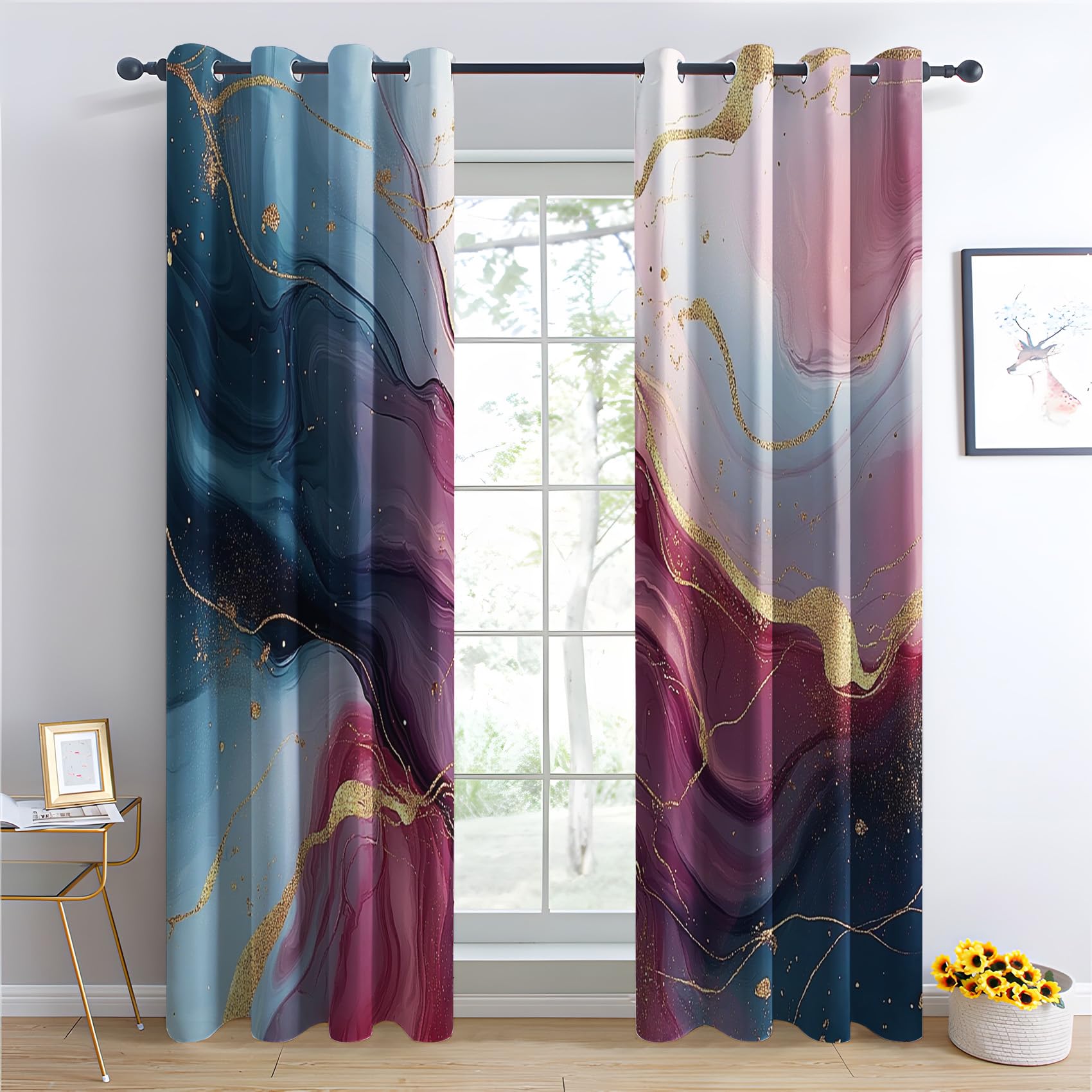 Venivici Marble Blackout Curtains for Bedroom Living Room - 72 Inch Drop Curtains Eyelet, Abstract Fluid Art Patterned Window Treatments, Thermal Insulated Drapes 66x72 2 Panels
