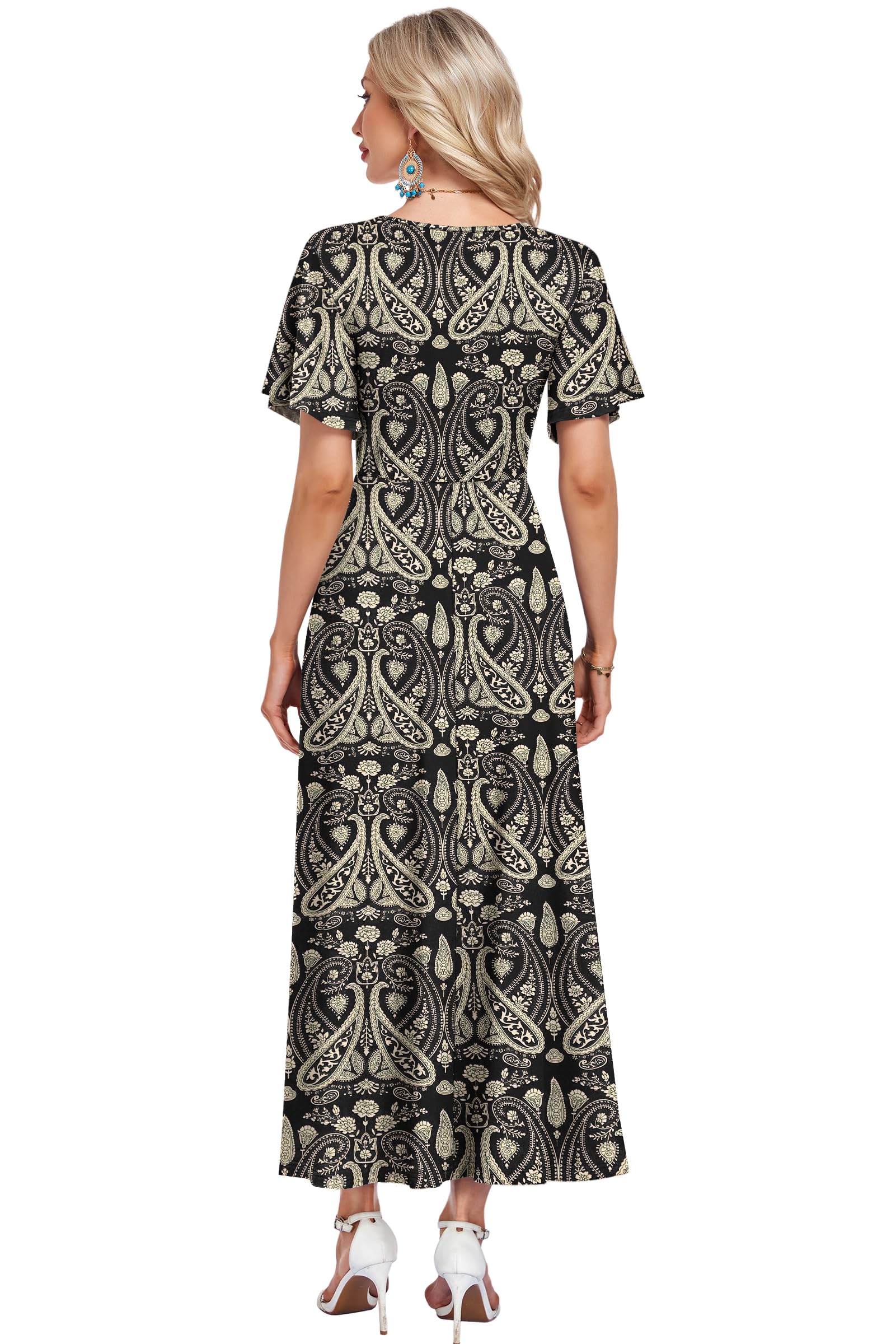 AUSELILY Abito Lungo da Donna Italia, Abito Elegante a Maniche Corte a Collo a V, Abito Estivo con Tasche