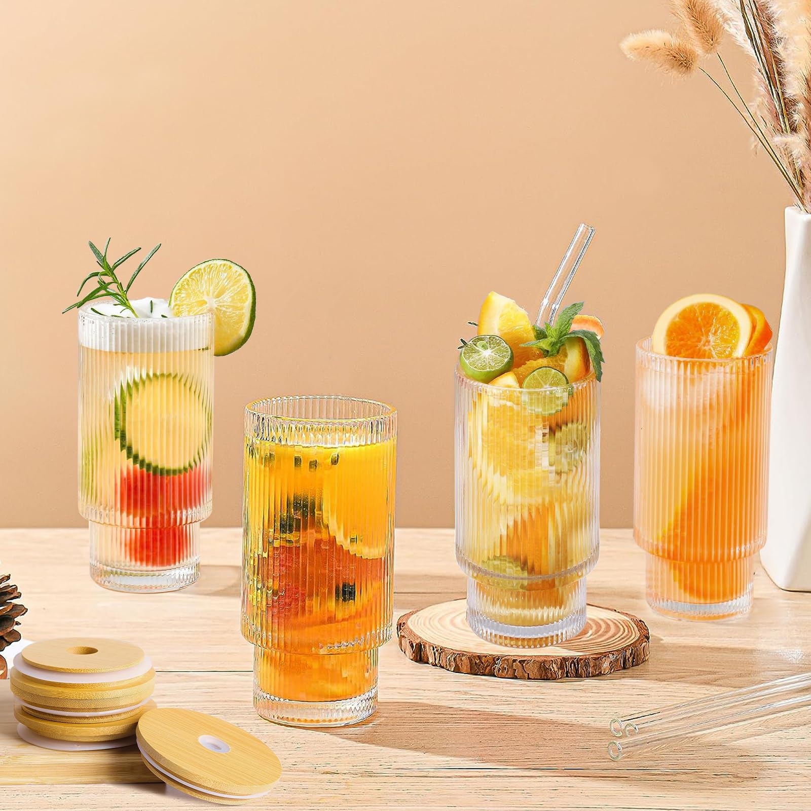 MINISOISO Lot De 4 Verres à Bulles En Verre, 350ml Verre à Cocktail, Verres à Boisson Avec Paille Et Brosse, Tasses à Café Glacé Ondulé Pour Whisky Soda Jus Café Bière