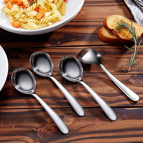 Miniatura 5 de KEAWELL Cucharas de sopa premium de 7.3 pulgadas con mango de gancho, juego de 4, acero inoxidable 1810, cuenco hondo, perfectas para ramen, pho,