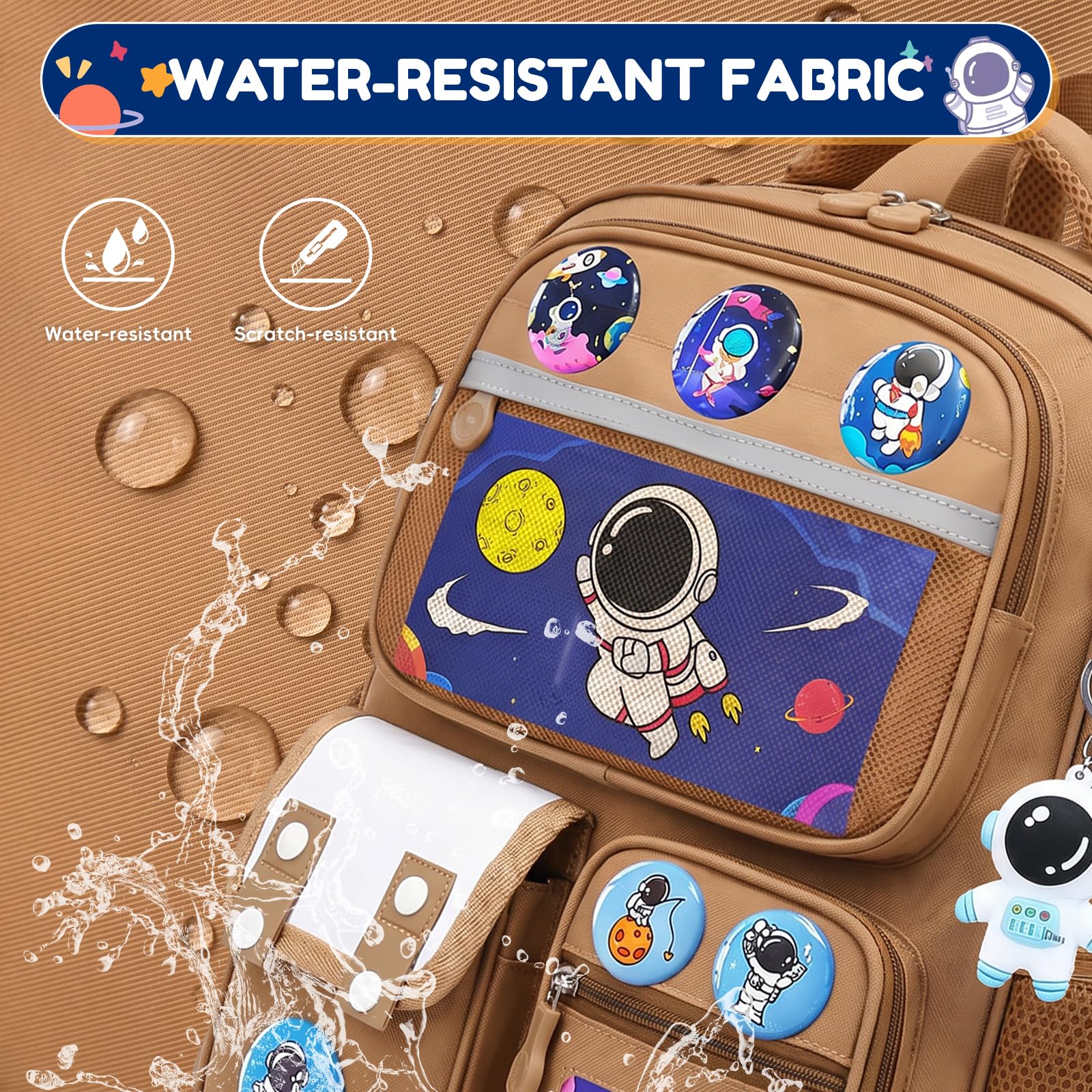 Amythe Zaino Bambino Scuola Elementare 8-12 Anni – Zaino Ergonomico Leggero con Strisce Riflettenti, Scomparto A4, Oxford 600g – Astronauta per Rientro a Scuola -Marrone