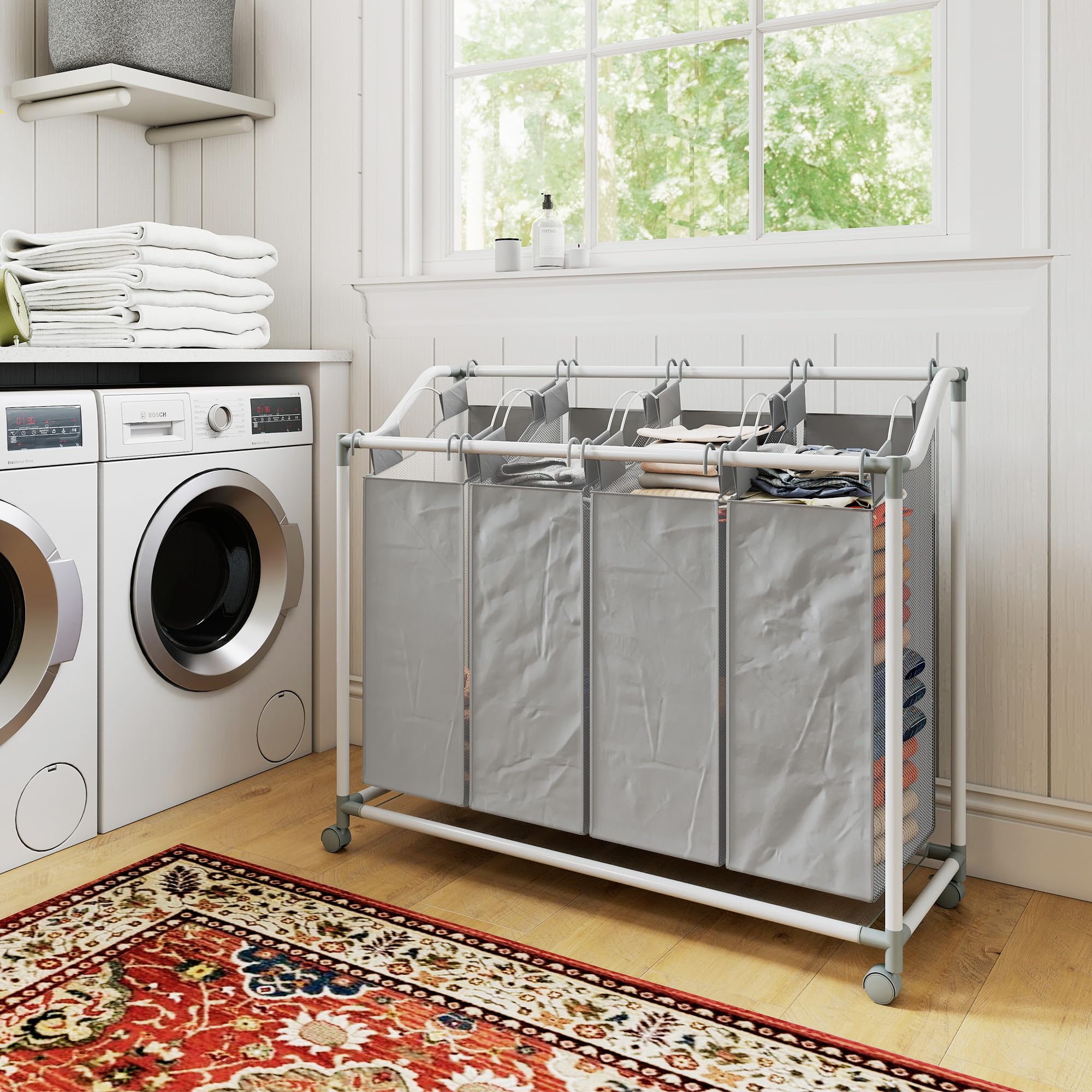 HOMCOM Panier à Linge Mobile 4 Compartiments 4 x 40L Gris | Corbeille à Roulettes, 4 Sacs Amovibles, Chariot Linge Sale, Buanderie, Chambre, Salle de Bain