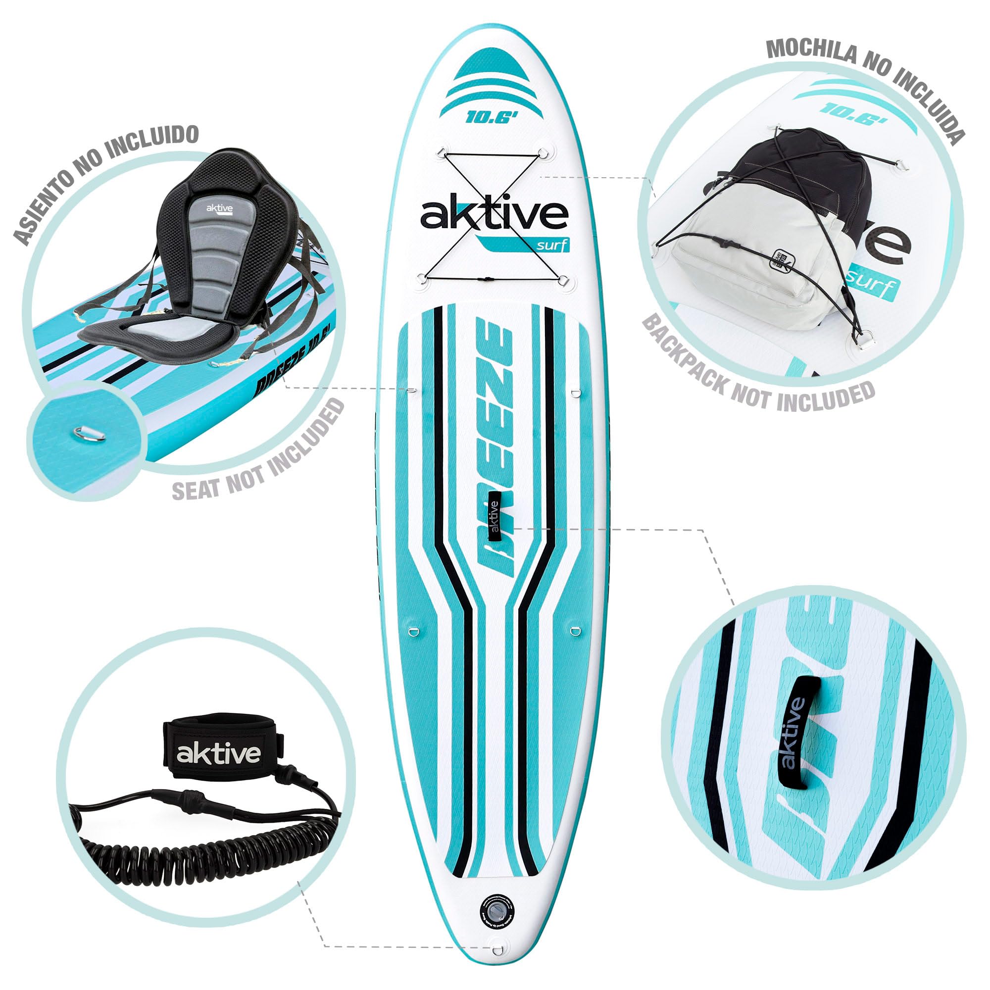 AKTIVE Tabla Paddle Surf Hinchable Iniciación All-Round, Ligera, Superficie Antideslizante, Medidas 320x81x15 cm, Incluye hinchador, Remo, 3 Aletas y Kit de reparación (62053)