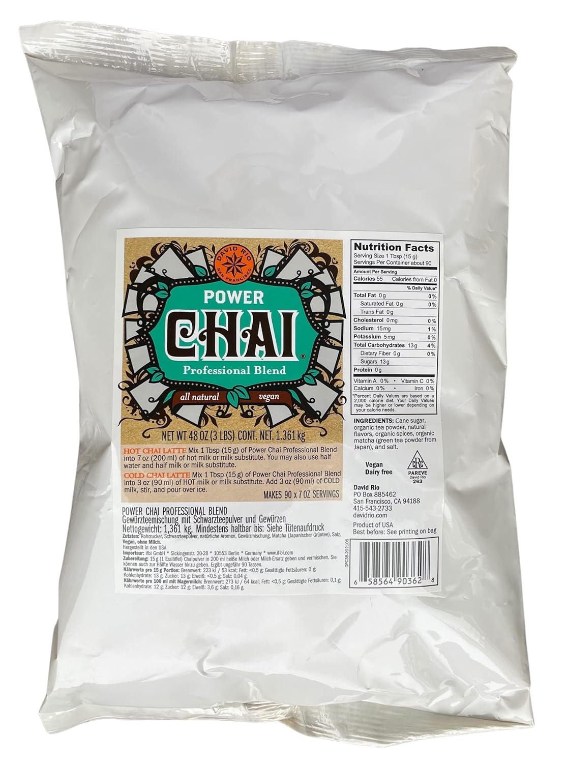 David Rio Power Chai with Matcha, Professional Blend, All-Natural, Vegan, Dairy-Free, 48 Ounce (Pack of 4)