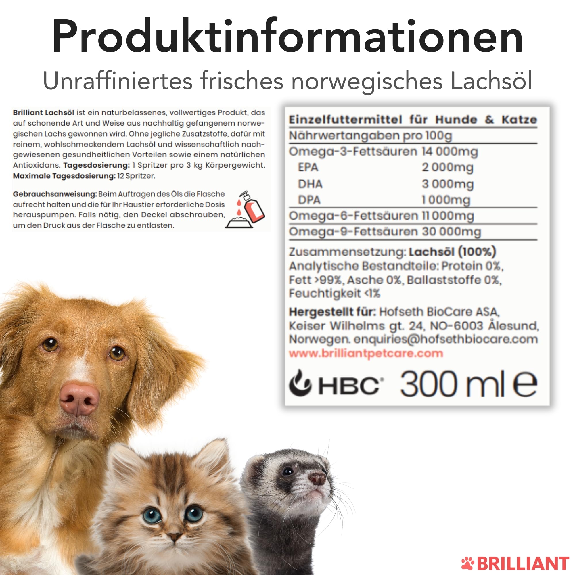 Hofseth BioCare BRILLIANT | Norwegisches Lachsöl für Katzen und Hunde Fördert glänzende Mäntel | Verbesserter Appetit | Weiche Pfoten | Energie erhöhen | Nicht GVO | 2 x 300ml