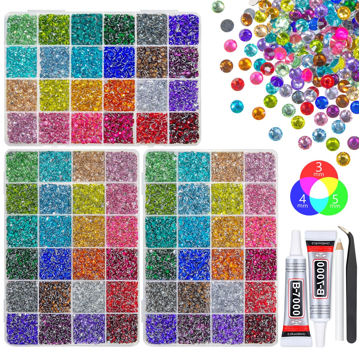qiipii 3 Boxes 24 Color 3mm 4mm 5mm Crystal Resin Rhinestones for Bedazzling Crafting Flatback Colorful Stones Gems Diamonds Charms for Nails Face