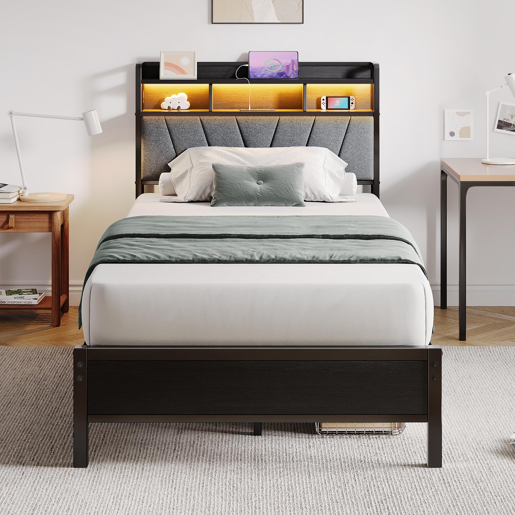 Twin Bed Frame with LED Lights & Charging Station, Metal Platform Bed with Upholstered Headboard, 2-Tier Storage Shelves, Heavy Duty Metal Slats, No