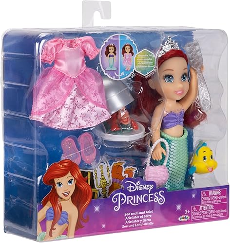 Miniatura 8 de Disney Princess Muñeca Ariel Sea to Land Petite Ariel con Sebastian & Flounder, en cola de sirena y moda de vestido rosa