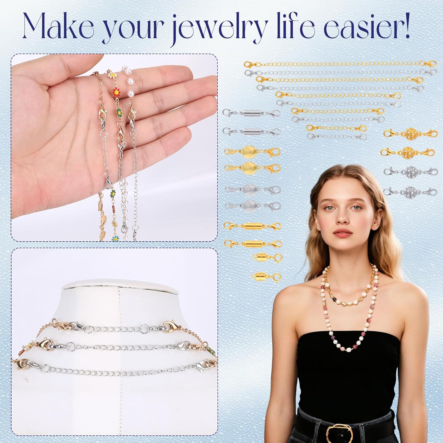 26pcs Magnetic Jewelry Clasps with Extenders Kit, 16 Magnetic Jewelry Clasps & 10 Necklace Extenders for Bracelet Necklace Anklet Chains Accessories (Gold & Silver) - Image 7