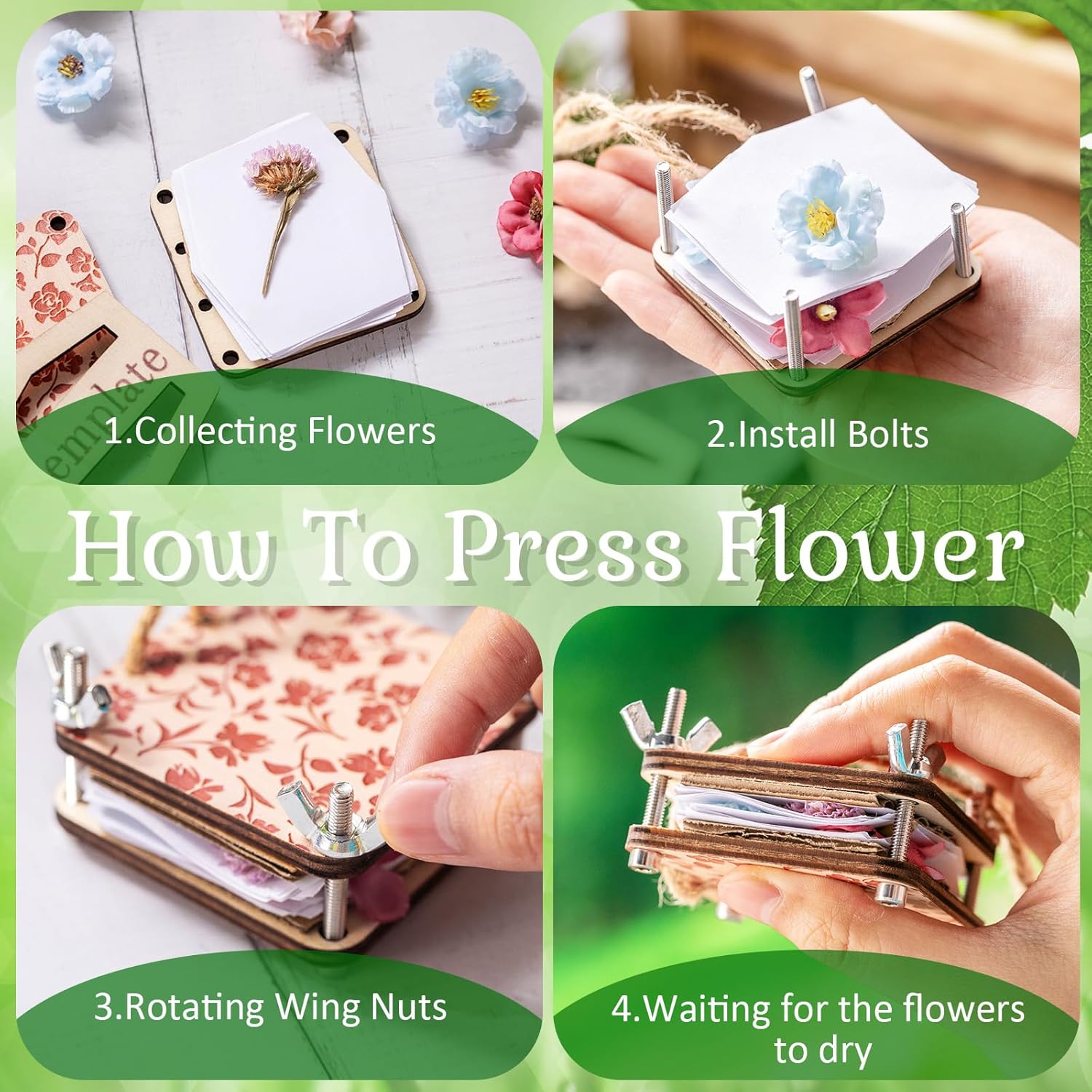 Leriton Micro Flower Press Kit 2.56 x 2.56 Inch Mini Wood Flower Press Kit Pocket Plant Leaf Preservation with 20 Specimen Papers for DIY Arts Crafts Pressing Plants