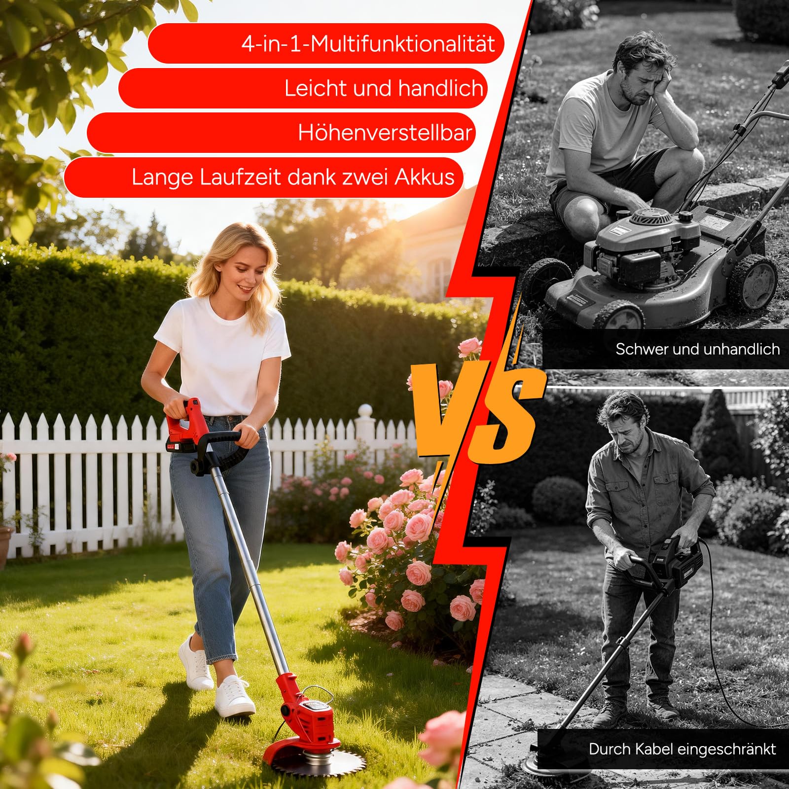 OUTIGO Akku Rasentrimmer mit Akku, Rasenkantenschneider mit 2 Akkus 21V und 4 Messertypen+1 Gartenschere, Verstellbarer Teleskop-Führungsholm Desbrozadoraeléctrico inalámbrico (Rot-FBA)