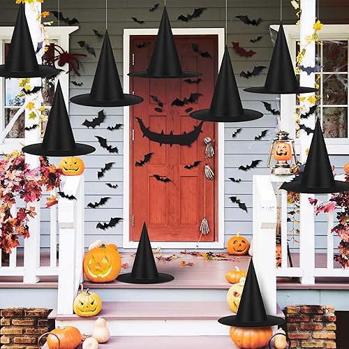 Miniatura 7 de 14 sombreros de bruja negros de Halloween con 32 piezas de calcomanías de murciélagos 3D para decoración de pared y cuerda colgante de 328 pies para