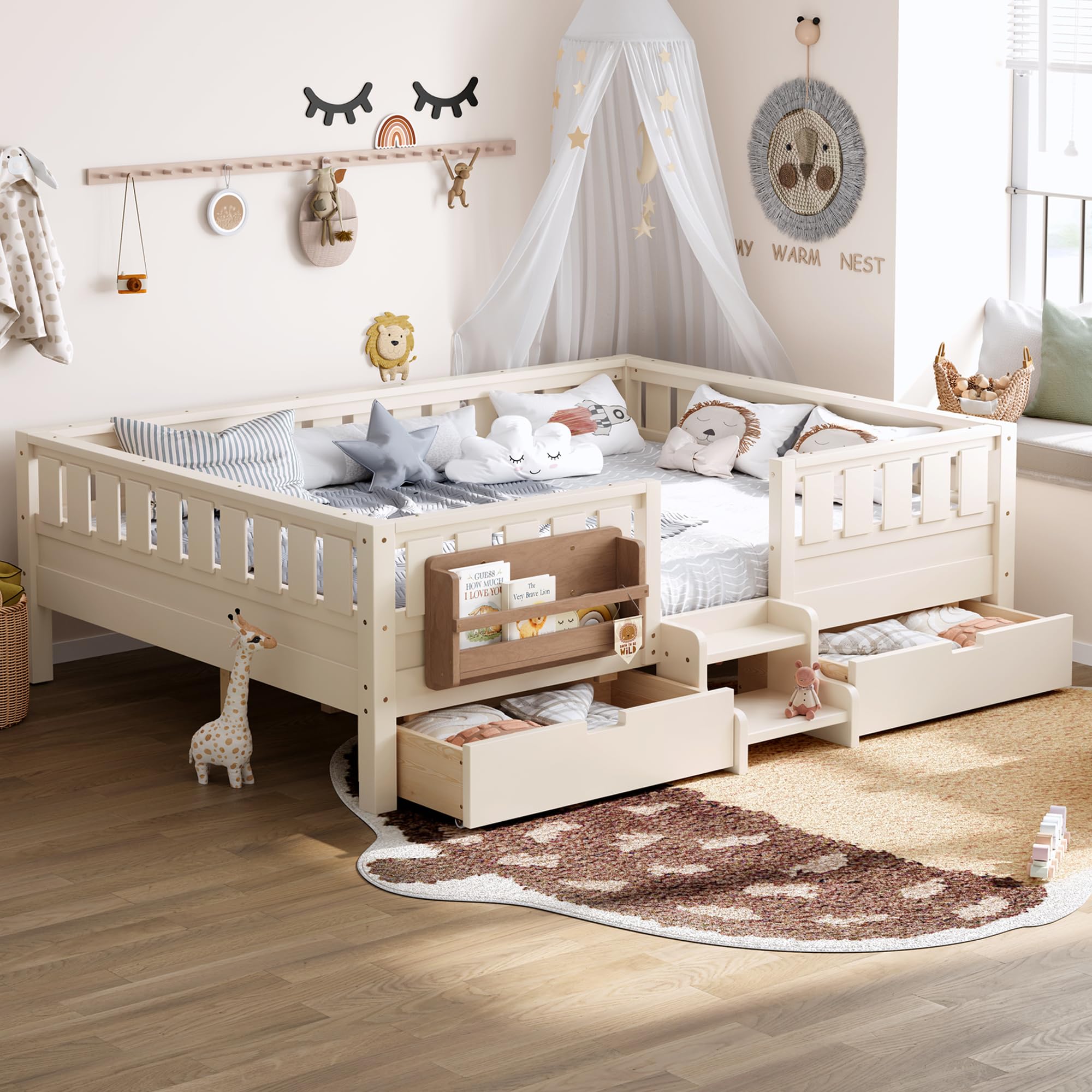 Bellemave Queen Size Bed with Slats and Stairs, Queen Size Platform Bed Frame with Fence, Bookshelf and Storage Drawers, Easy Assemble Beds for Girls,