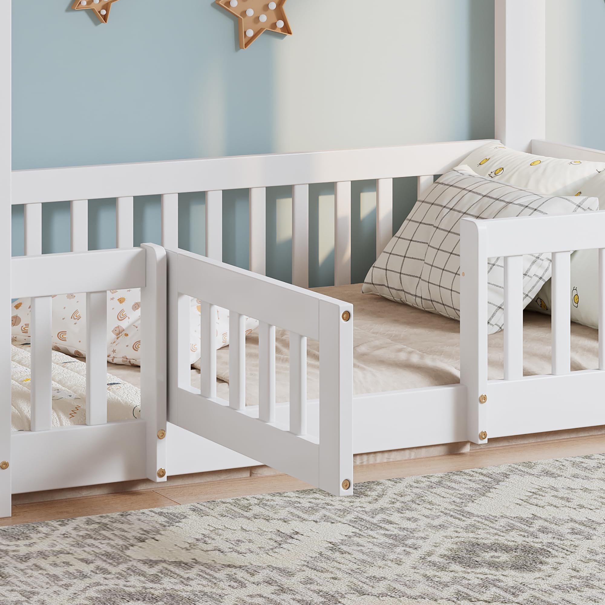 Etagenbett 90x200 cm, Kinderbett für 2 Kinder, Massivholz Einzelbett, Hochbett mit Rausfallschutz, Stockbett mit Zäune und Türchen, Jugendbett, ohne Matratze, Weiß