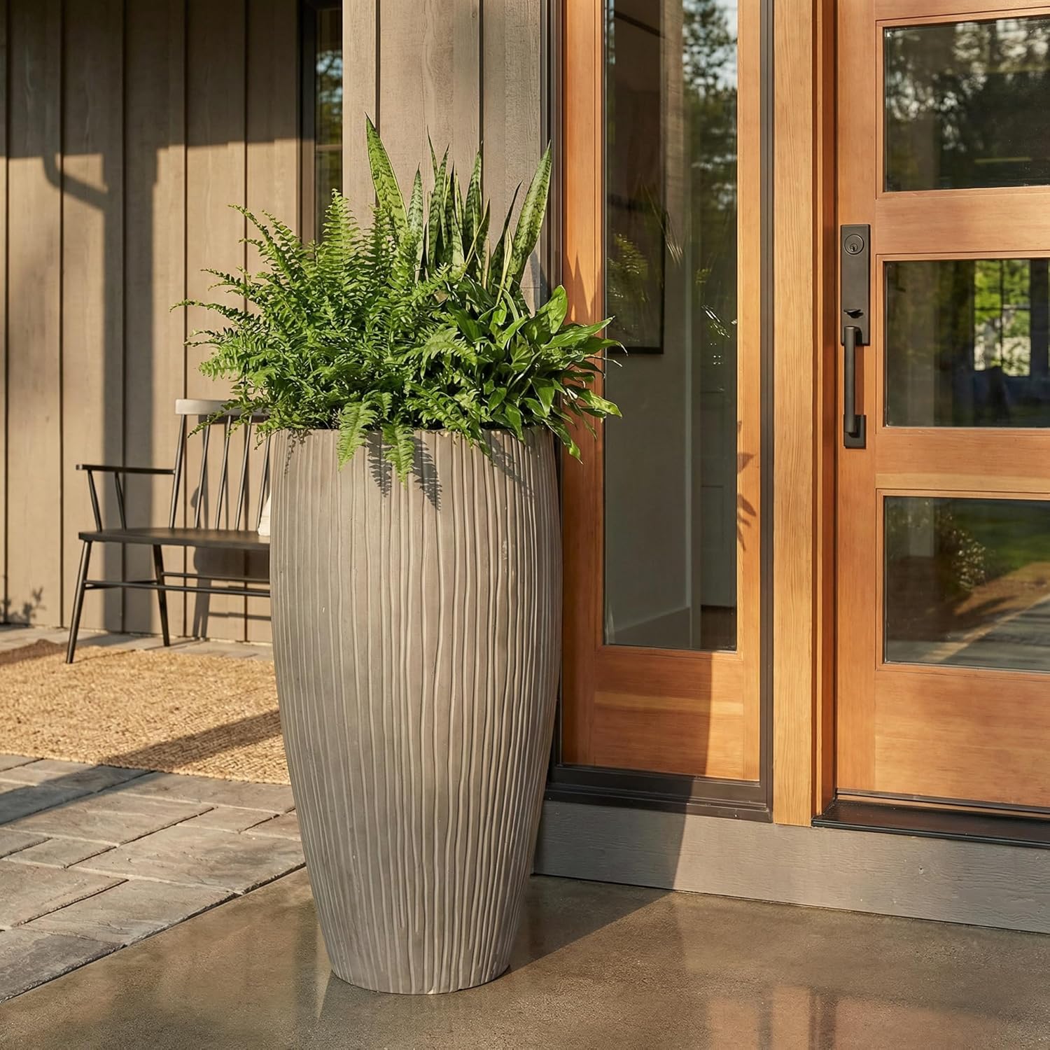 27 in. H. Composite Ribbed Planter in City Gray