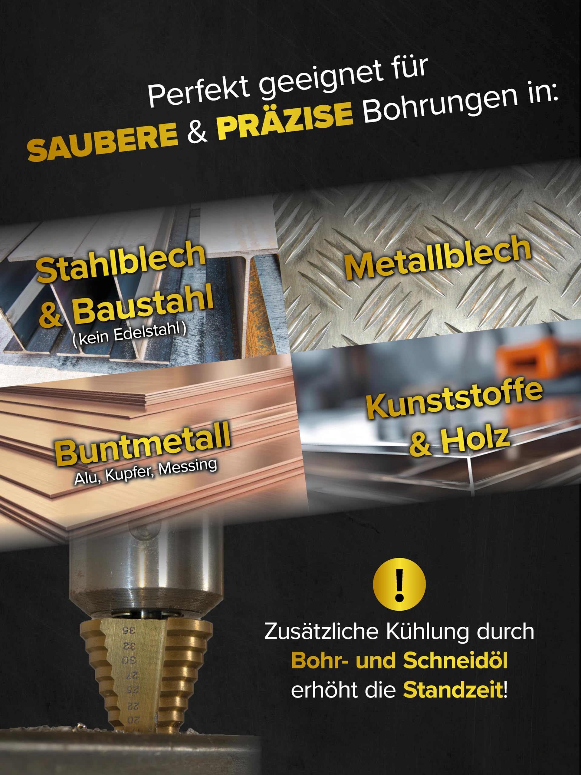 monkeystrong Stufenbohrer 35mm TiN – Ø 5-35 Metall 13 Stufen Kegelbohrer | HSS, Schälbohrer, Konusbohrer, Blechbohrer, für Baustahl, Eisen, NE-Metall, Kunststoff & Holz, mit Drehzahltabelle