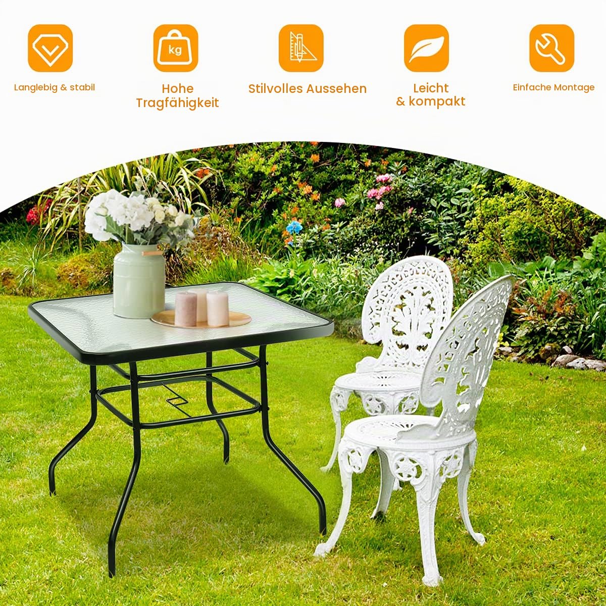 RELAX4LIFE Beistelltisch Metallrahmen, Gartentisch mit Schirmständerloch, Bistrotisch mit Glasplatte, Glastisch für Garten & Balkon & Terrasse, Balkontisch wetterfest, bis 80 kg belastbar (rechteckig)