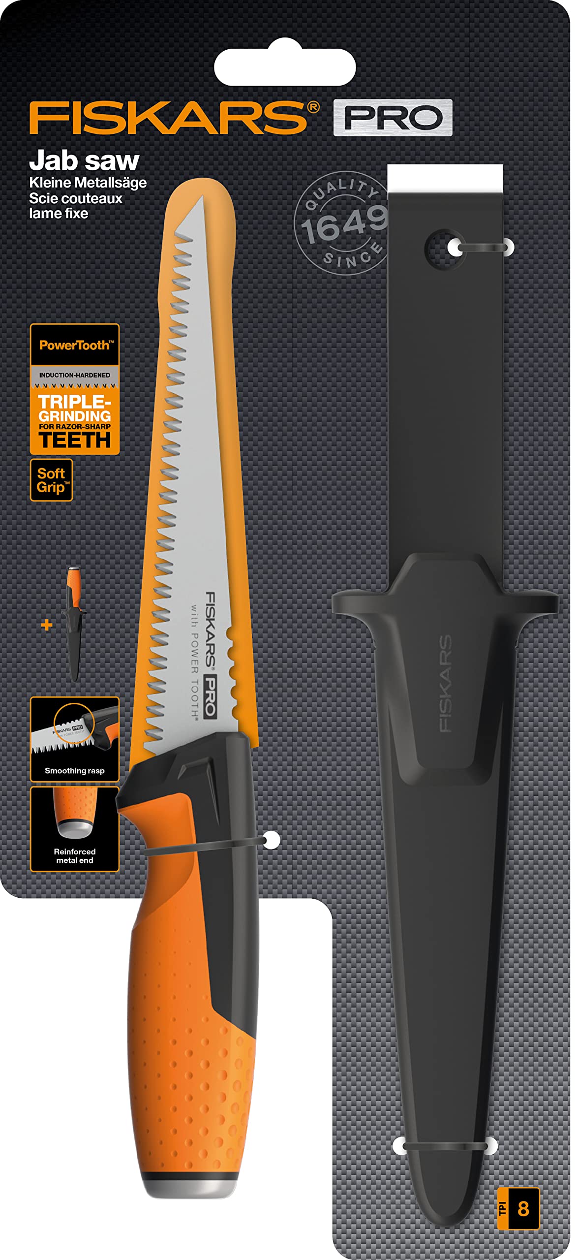 Fiskars Pro mała piła do metalu w zestawie kabura, Długość ostrza: 15 cm, 7 TPI, Czarny/pomarańczowy, PowerTooth, 1062935