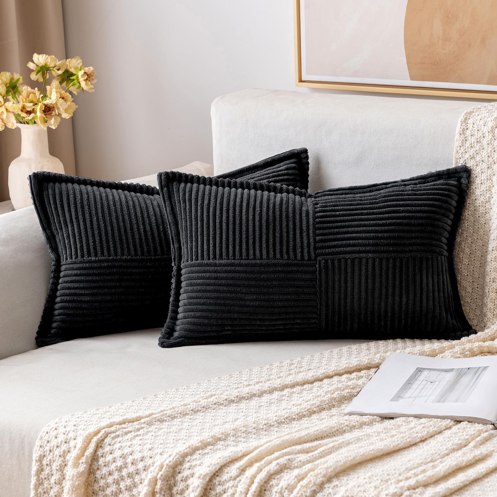 MIULEE Decorative Lumbar Throw Pillow Covers 12x20 Inch Black 2 Pack | Boho Broadside Striped Patchwork Pillow Covers, Soft Corduroy Cushion Cases, For Couch Sofa Bed Livingroom Home Decor