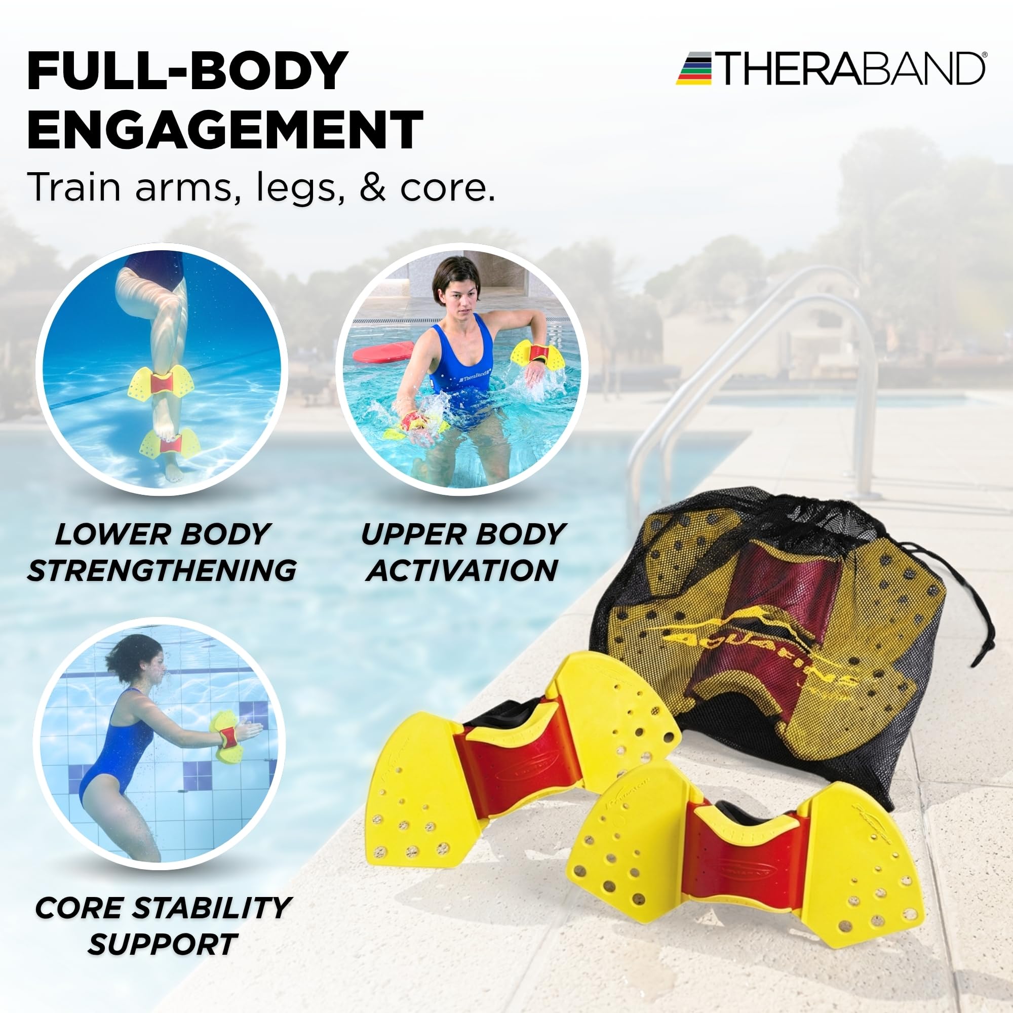 TheraBand Aquafins - Kit di esercizi acquatici per allenamento di resistenza all'acqua per parte superiore e inferiore del corpo, fisioterapia in piscina, attrezzatura per aerobica in acqua, 2 pinne,