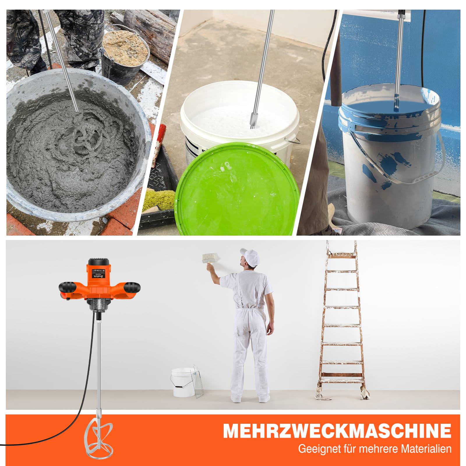 Mélangeur orange 2600 W pour peinture, béton, mortier, plâtre, colle et ciment, avec 6 vitesses, fonction de démarrage doux, interrupteur verrouillable, vitesse de rotation 0-1700 tr/min, avec - 4