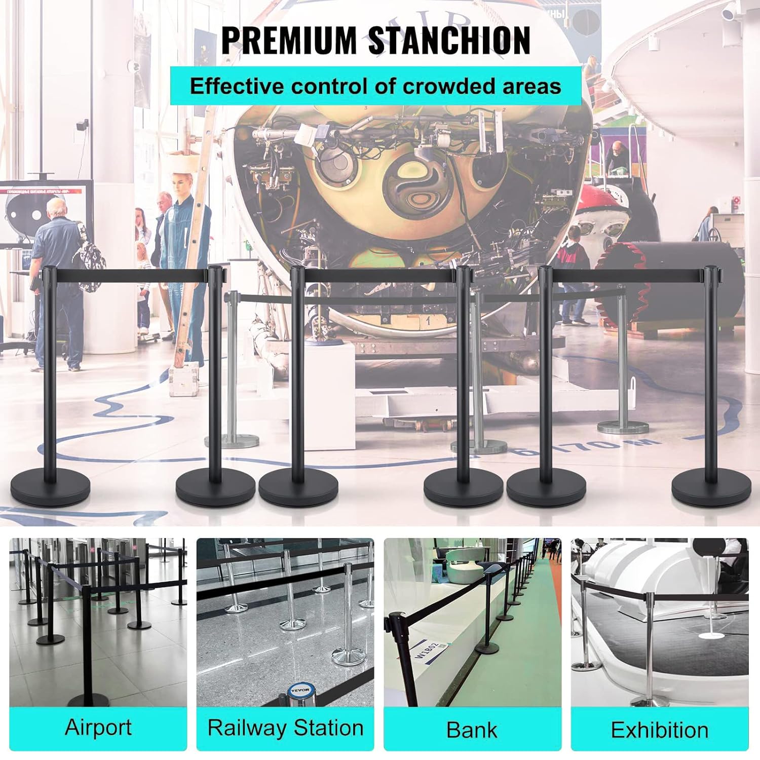 Crowd Control Stanchions, Stanchion Queue Post with Retractable Belts 6.5Ft, Easy Assembly, Crowd Control Barriers, Height 36 Inches, for Crowd Control Barriers, Pack of 2, Black