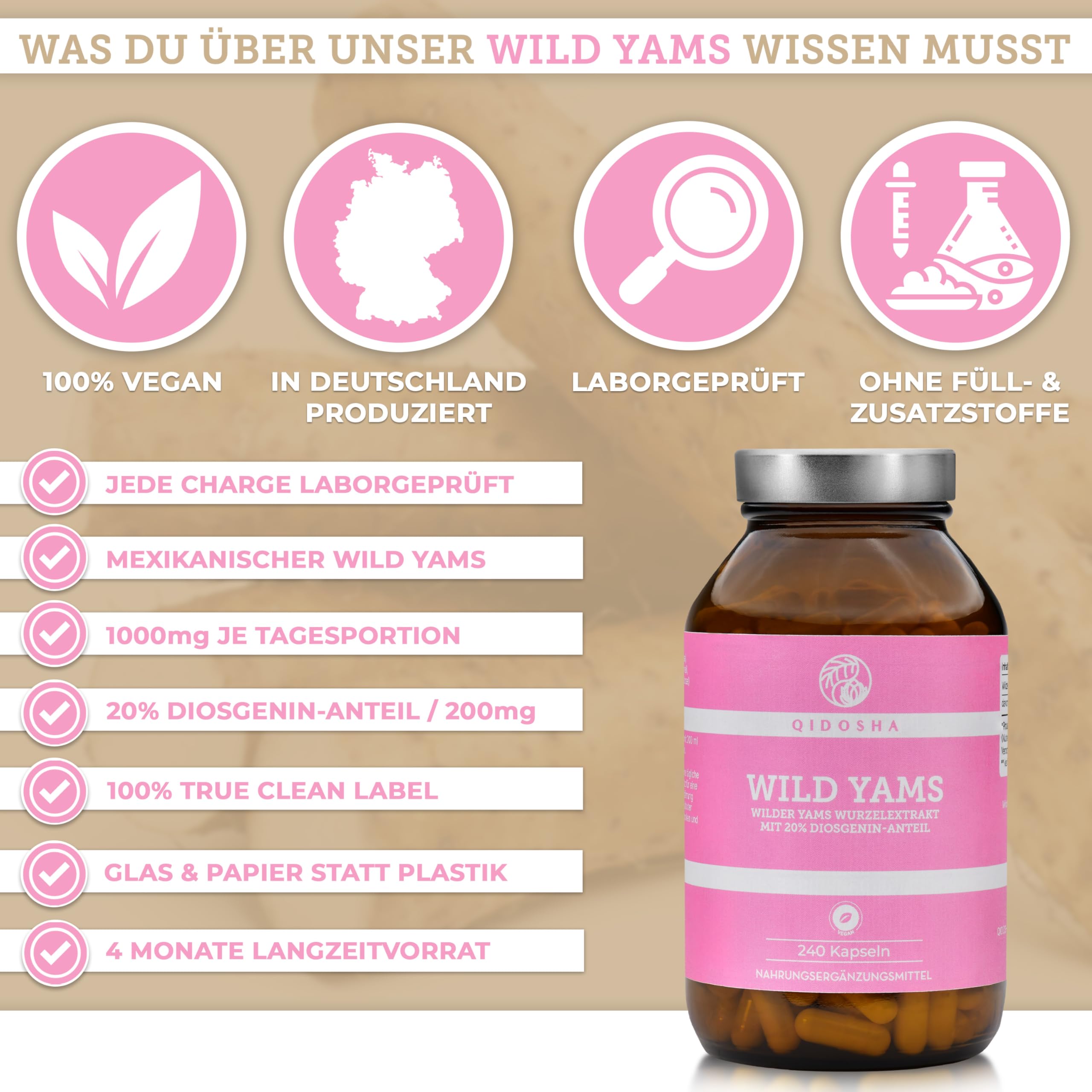 QIDOSHA® Wild Yams Wurzelextrakt, 240 Stk/Glas, 1000mg Wilder Yams Wurzelextrakt mit 200mg Diosgenin je Tagesportion, Mexikanischer Wild Yam Kapseln hochdosiert, vegan, in Deutschland gefertigt