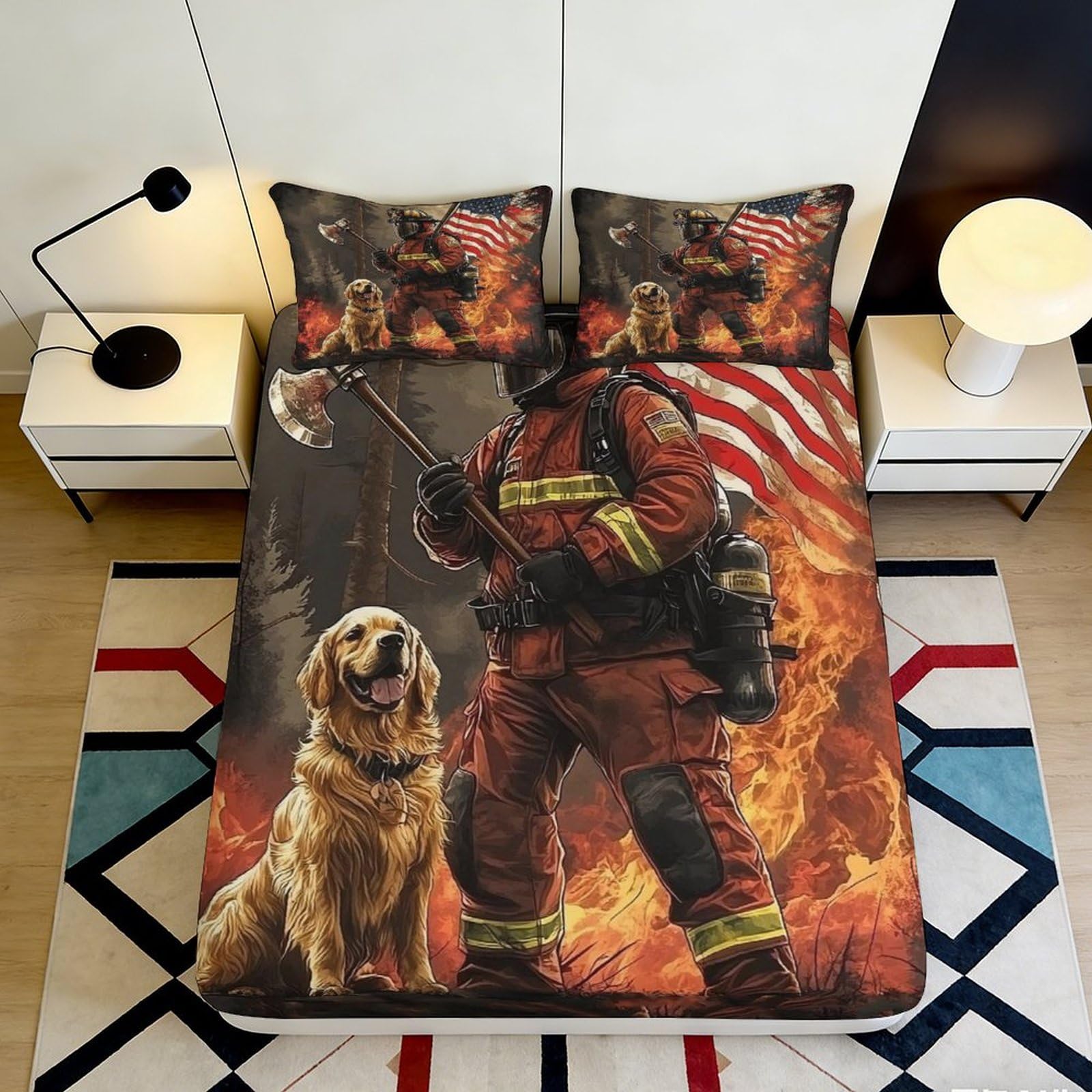 3D Printed Firefighter and Dog Fitted Sheet Microfiber Durable Flame American Flag Mattress Cover Bedroom Decor 90x200x25cm