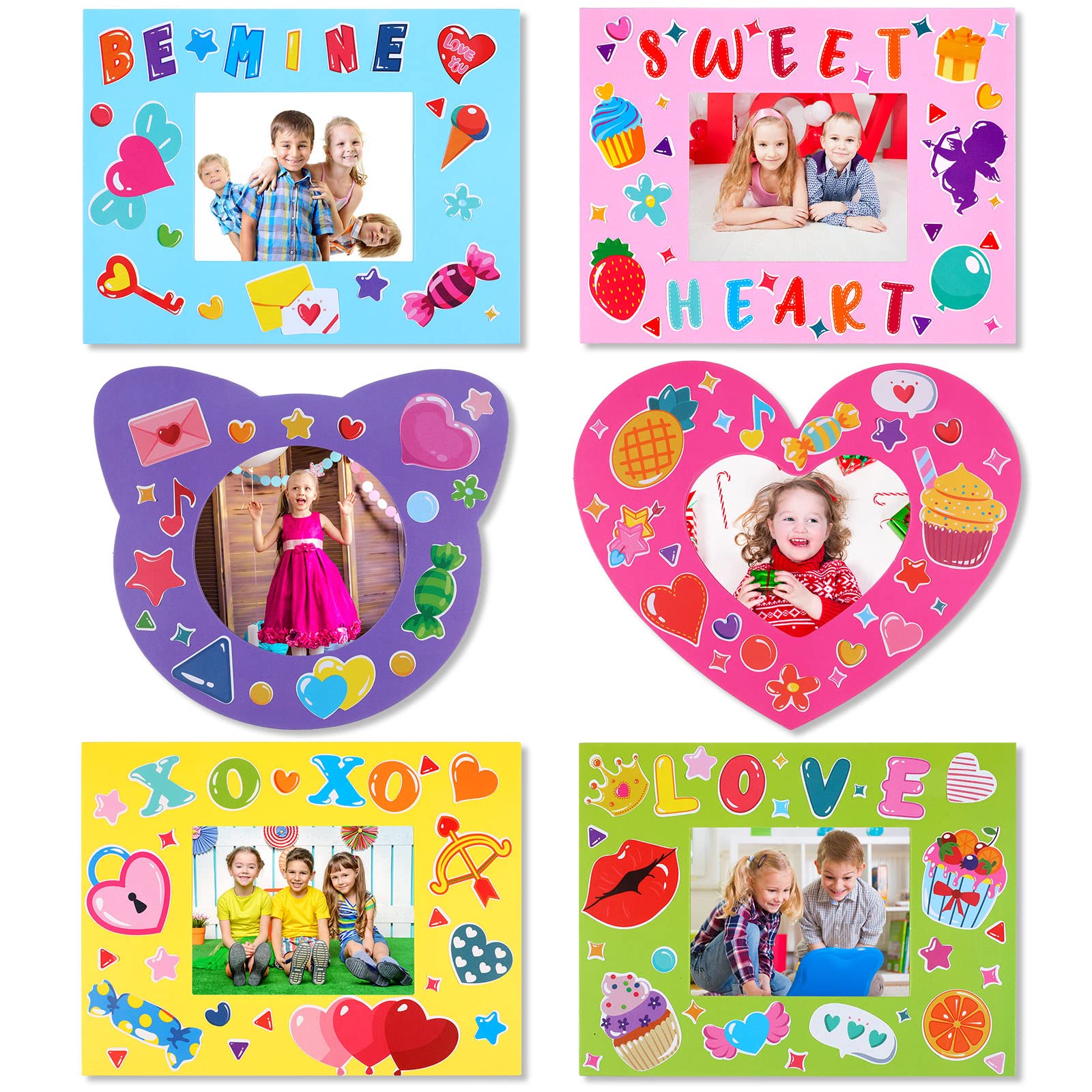 24 Pack Valentine's Day Picture Frame Craft Kits for Kids Colorful Valentines DIY Picture Frame Craft with Valentines Children Stickers Games Gifts for Home Kindergarten Preschoolers