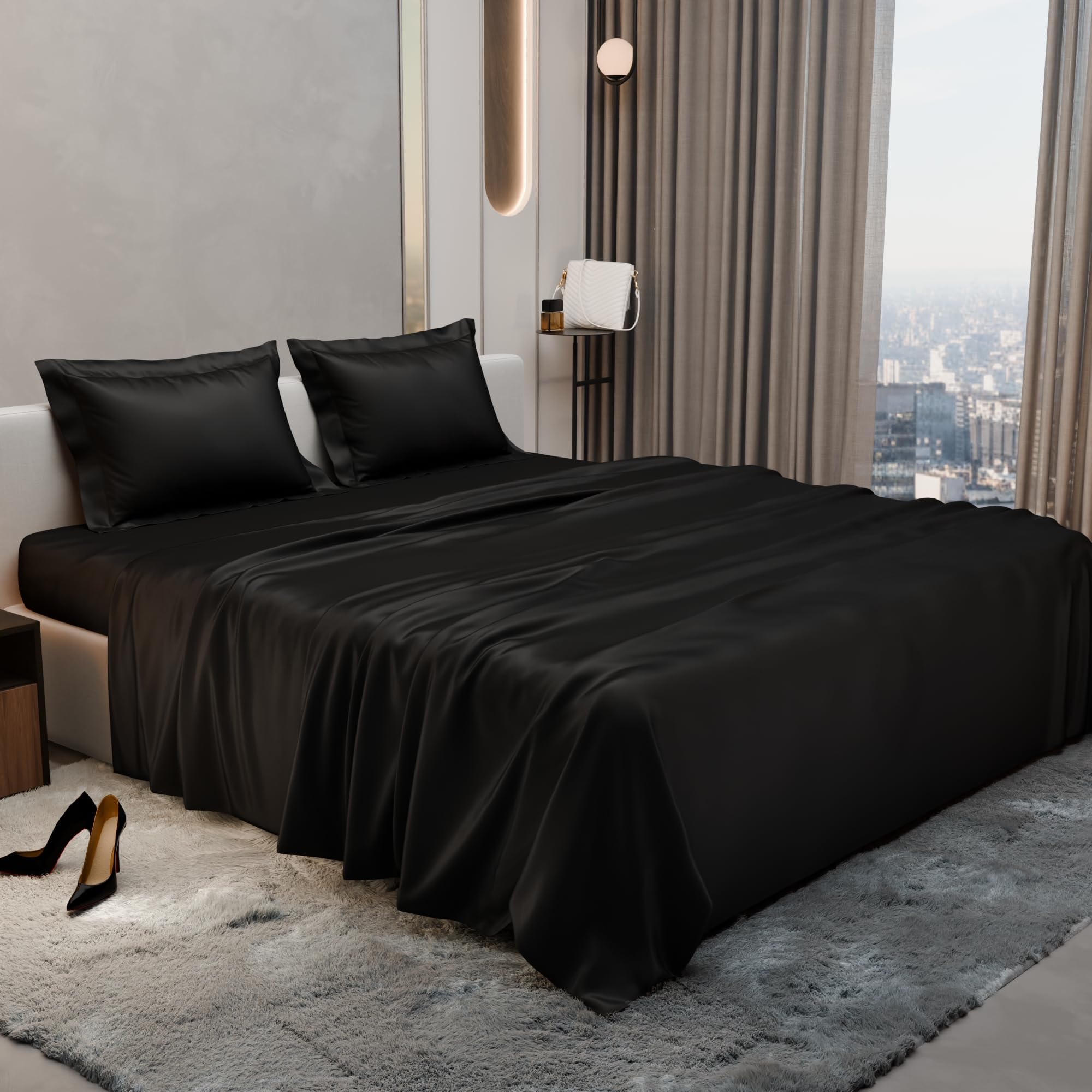King Size Black Bedsheet with 2 Pillow Covers, 300TC King Size Premium Bedsheets, Home Decor, Ultimate Comfort, 274 cm x 228 cm, Date Night - Midnight Black