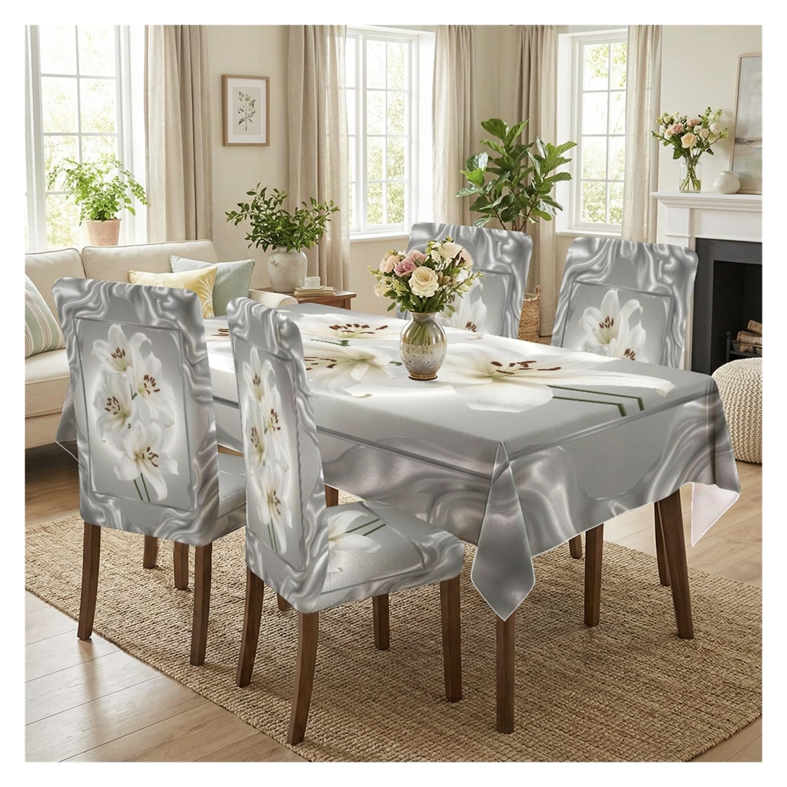 BOSUYBN Stretch Dining Chair Slipcovers And Tablecloth Set, Silver Texture White Lily Print, 5/7 Pack For Dining Room Modern Elegant Home Decor Table Setting(5pcs Set: Tablecloth+Chair Covers)