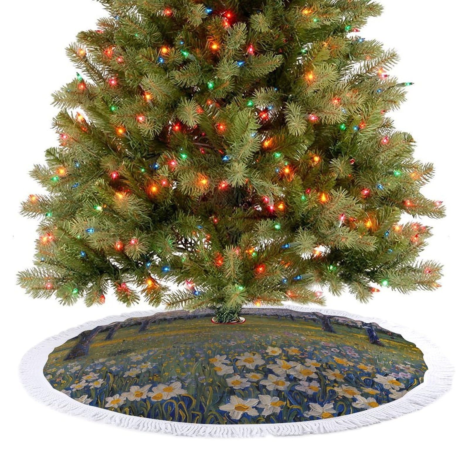Rows of Trees Christmas Tree Skirt 48" Rustic Xmas Tree Mat with Tassel Ornament Christmas Trees Cover Skirt Mat for Evergreen Trees Ornament Winter Holiday Mats Decorations