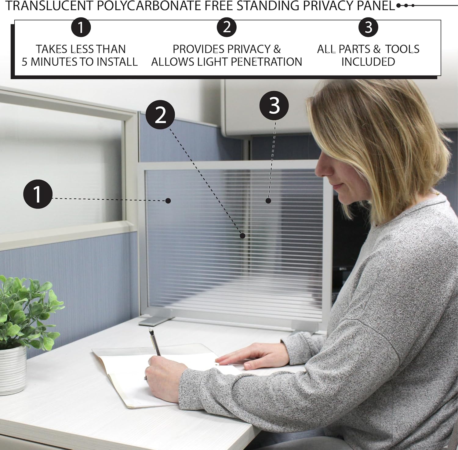 OBEX Polycarbonate Free Standing, Desktop Divider, Home Office Accessories, Portable Privacy Screen, 18" x 42", White