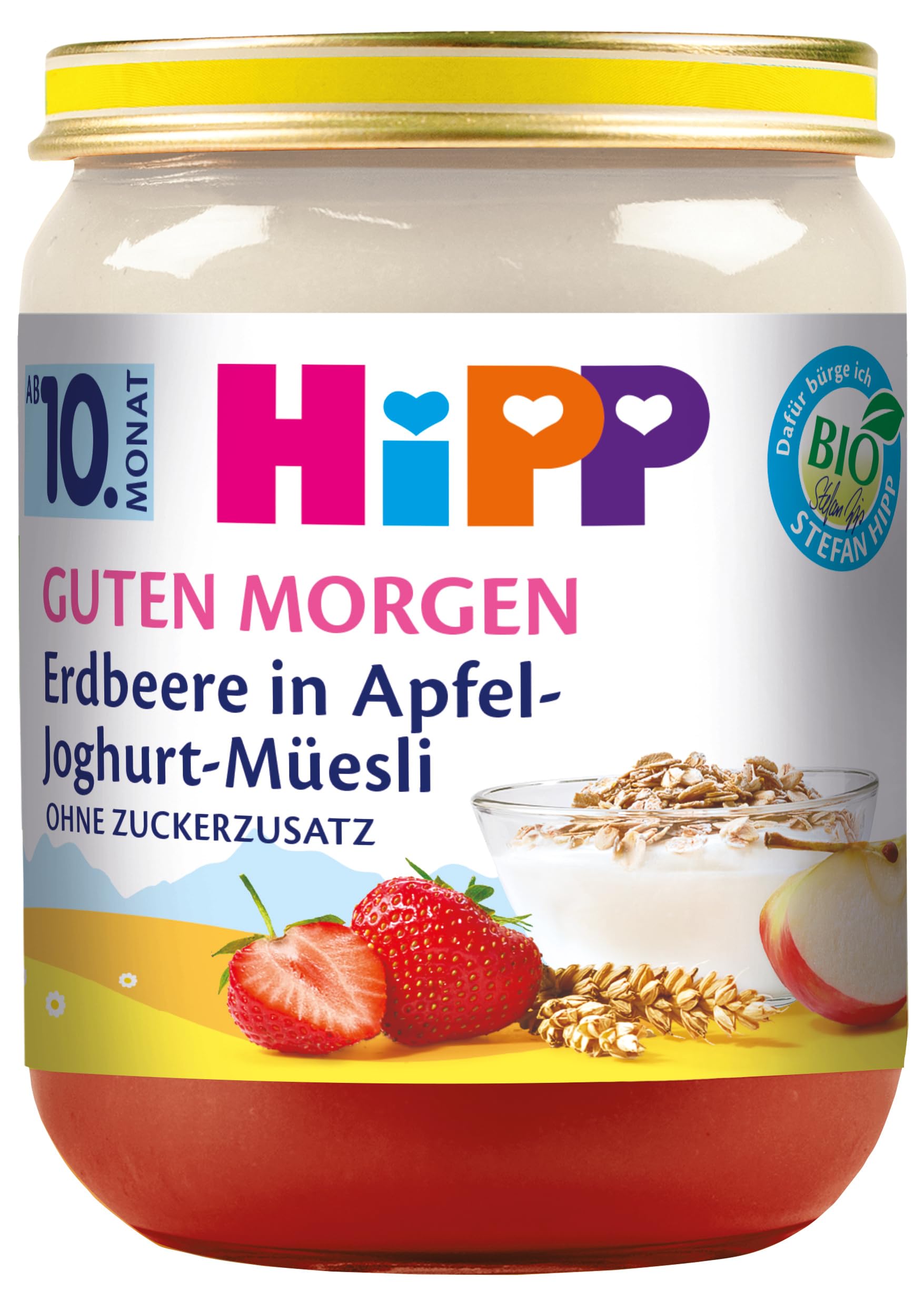 HiPP Bio Guten Morgen Erdbeere in Apfel-Joghurt-Müesli (6 x 160g), ab 10. Monat, ohne Zuckerzusatz, mit wertvollem Calcium, in bester Bio-Qualität