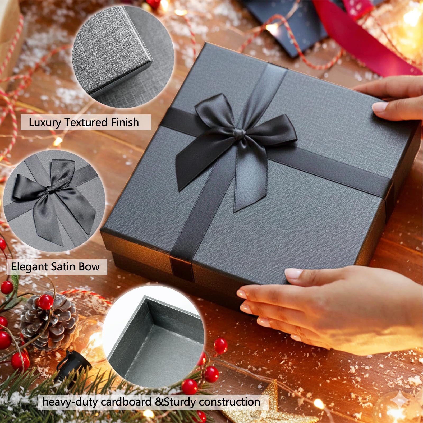 Airuisike Set 3 Scatole Regalo Nero Con Nastri Oro – Grandi, Medie, Piccole (28x20, 22,9x16,5, 14x10,2 Cm) – Eleganti E Riutilizzabili