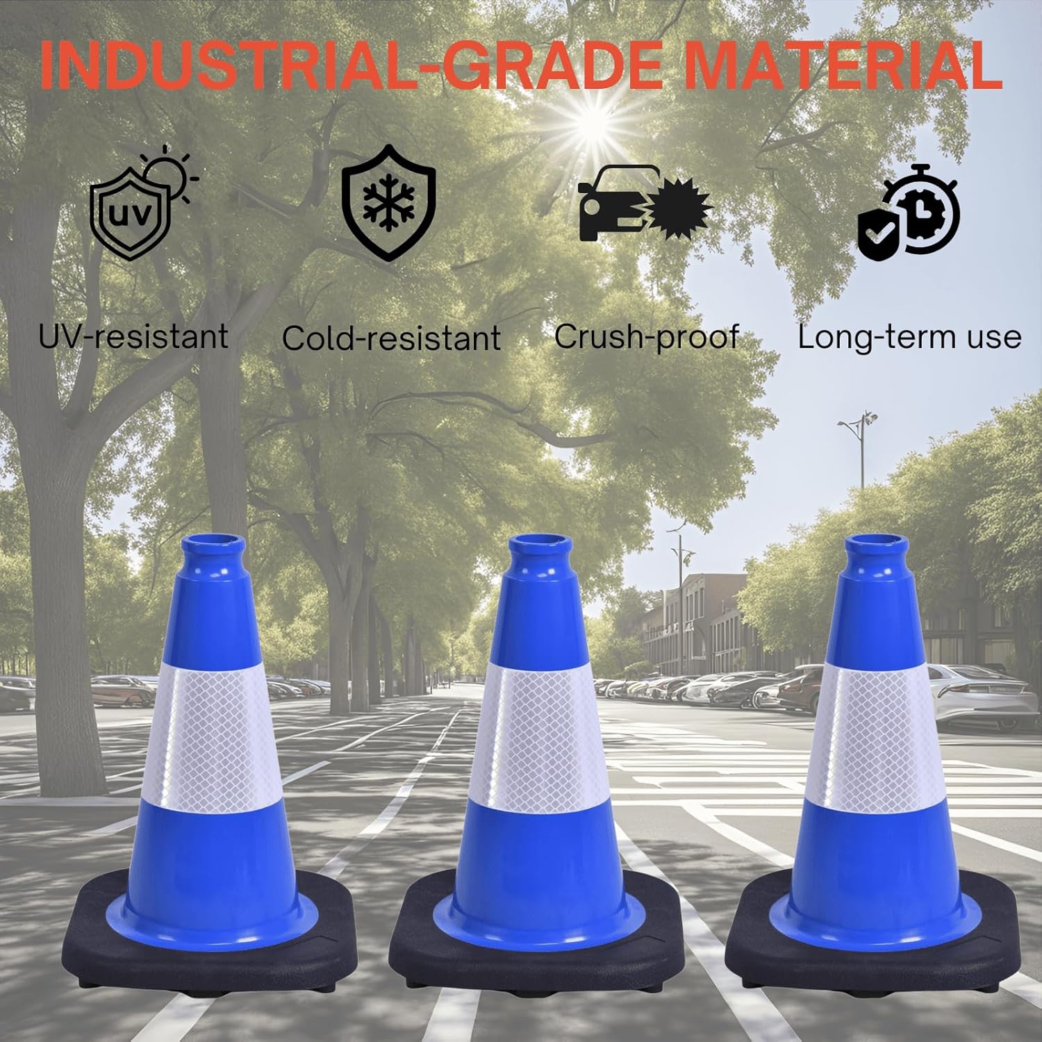 4 Pack 12" Blue Traffic Cones with Reflective Stripe, Flexible PVC Traffic Safety Road Cones with Heavy-Duty Rubber Base for Parking Lot, Construction Safety