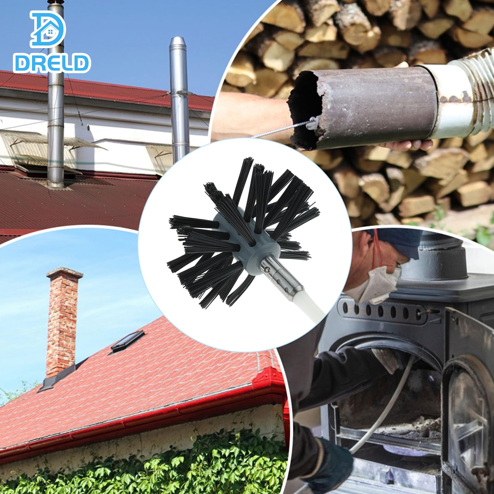DRELD Zestaw szczotek kominkowych, 10 sztuk, szczotka kominowa, zestaw szczotek kominowych, 6 elastycznych prętów 410 mm/Pro, 1 głowica szczotki Ø 100 mm, 1 długa szczotka, 2 akcesoria