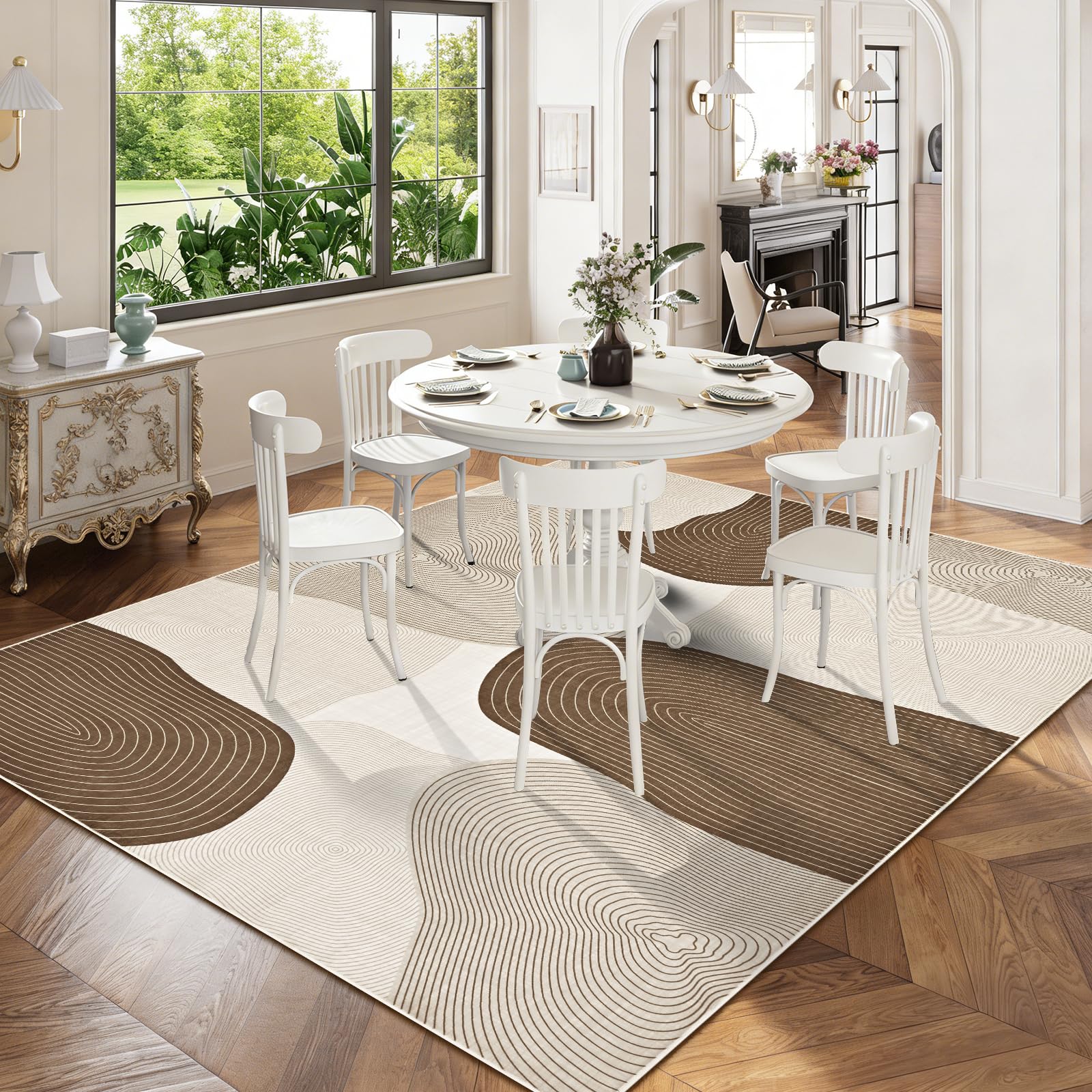 Alishomtll Tappeto per soggiorno, 160 x 230 cm, lavabile, antiscivolo, a pelo corto, linee geometriche moderne, facile da pulire, durevole, grande, rettangolare, marrone