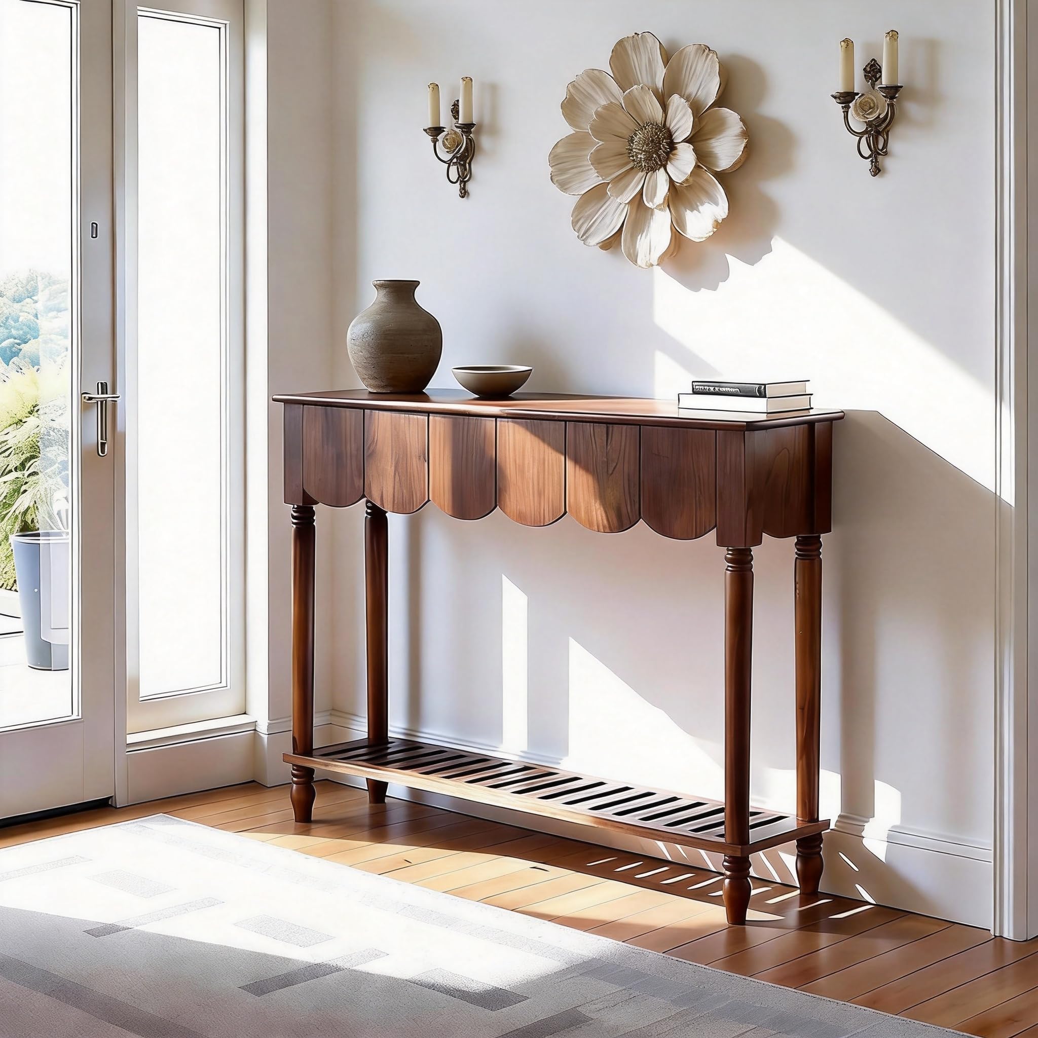 Photo 1 of [DAMAGED] UACSYBH Wood Scalloped Console Table with 2 PCS Drawers, Narrow Entryway Table with Storage Shelf, Mid-Century Hallway Accent Table, Behind Couch Sofa Table for Living Room (33" - 2 Drawers)