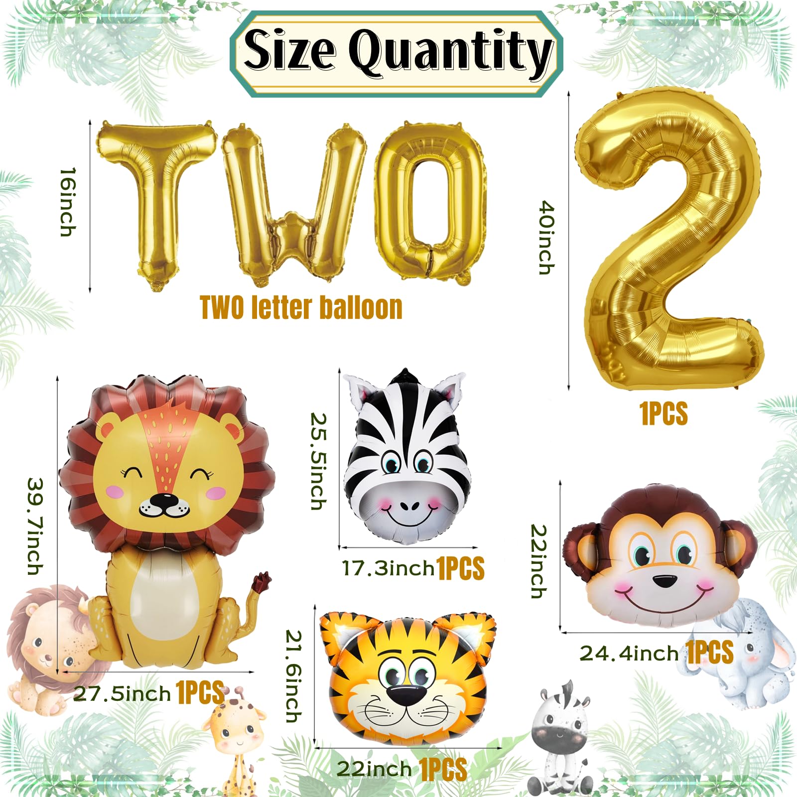 21PCS Jungle Safari Animals Balloons Lion Leopard Monkey Zebra Tiger Foil Balloons Wild Two Safari Zoo Jungle Theme Party Wild Number 2 TWO Baby Shower Boy Girl 2nd Birthday Decor Supplies (2nd)