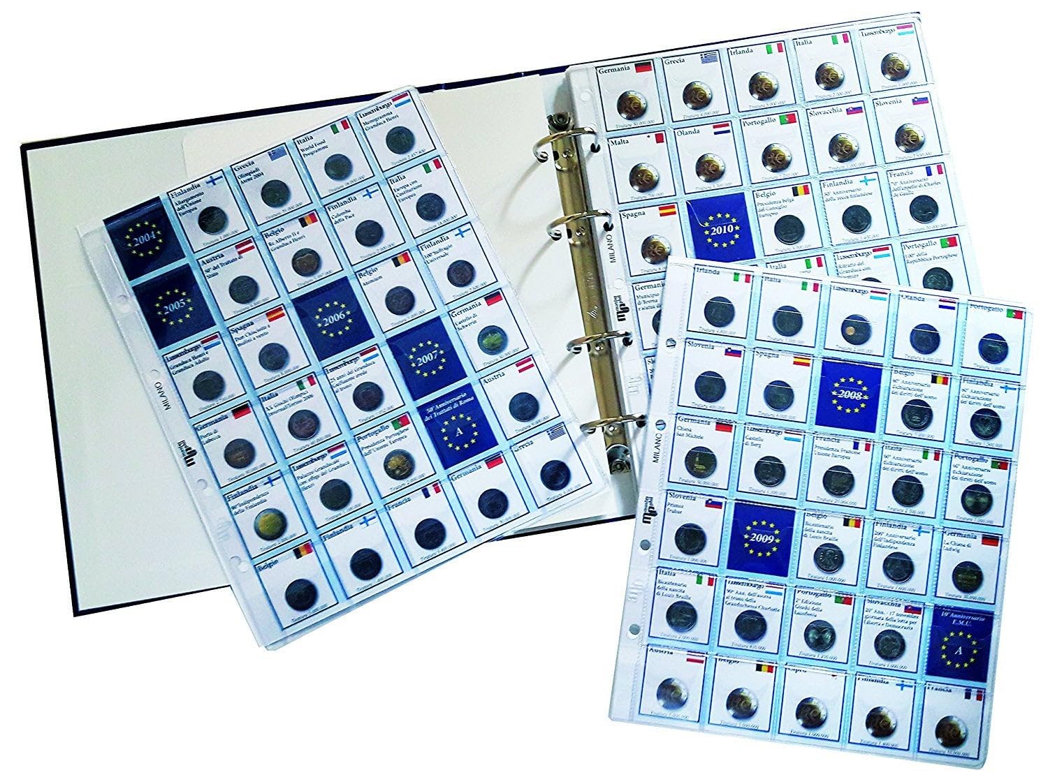 Álbum Monedas 2 Euros conmemorativas, Mecanismo de Anillas, páginas Transparentes con Tarjetas descriptivas, Fabricado a Mano en Italia