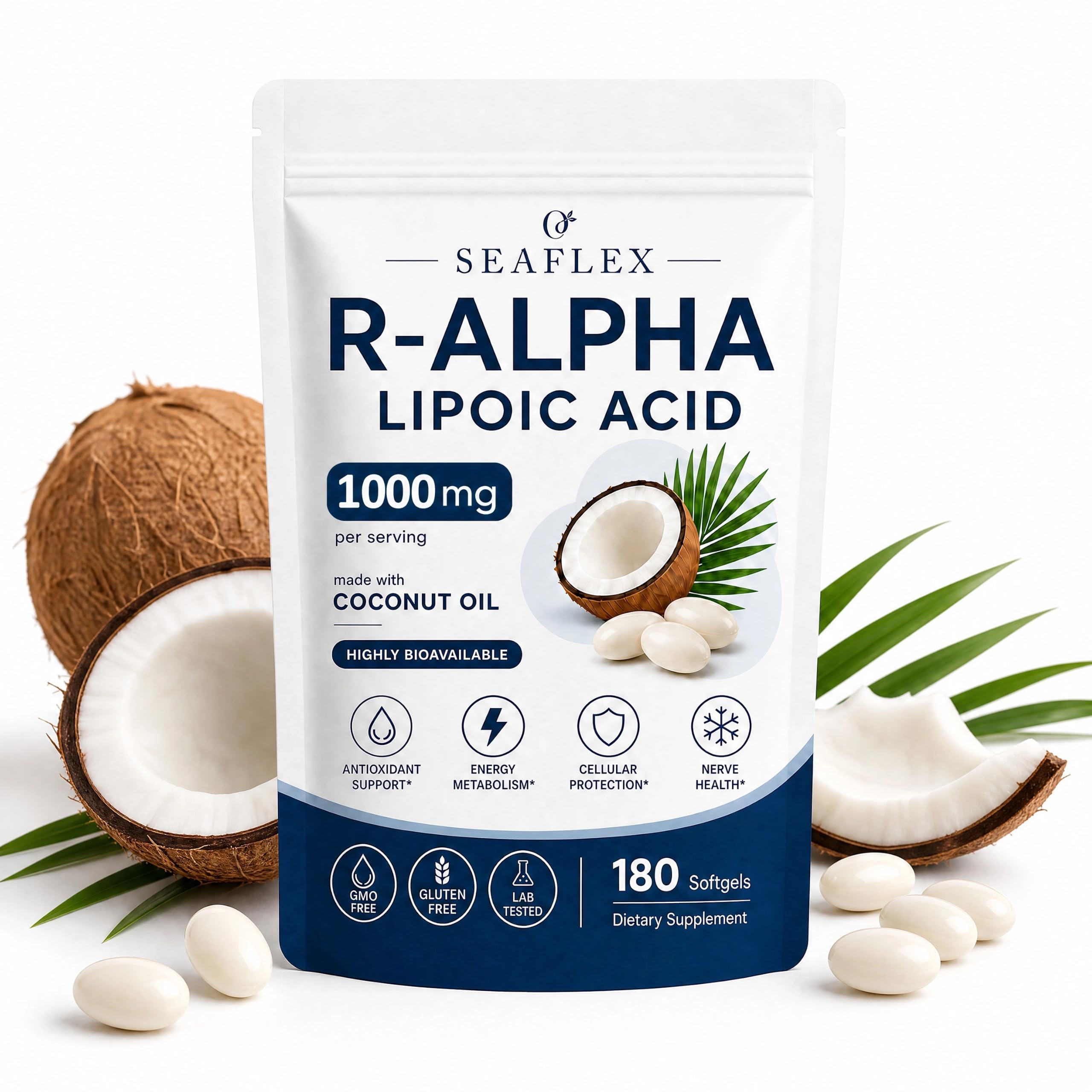 R-Alpha Lipoic Acid 1000mg Softgels with Coconut Oil 180 Softgels