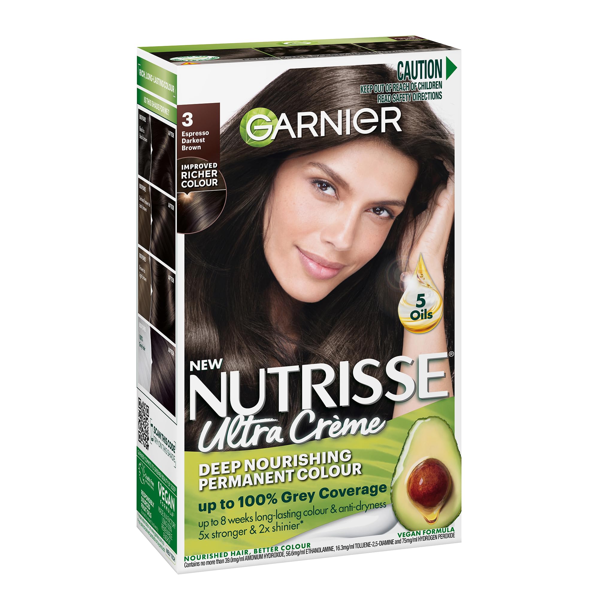 Garnier Nutrisse Permanent Nourishing Hair Colour Creme, Shade 3 Espresso Darkest Brown, Rich Long-Lasting Colour, Enriched with Avocado, Olive, & Shea Oils, 100% Grey Coverage, Shiny Healthy Hair (Single Pack) - 1 count (Pack of 1) - Espresso Darkest Brown