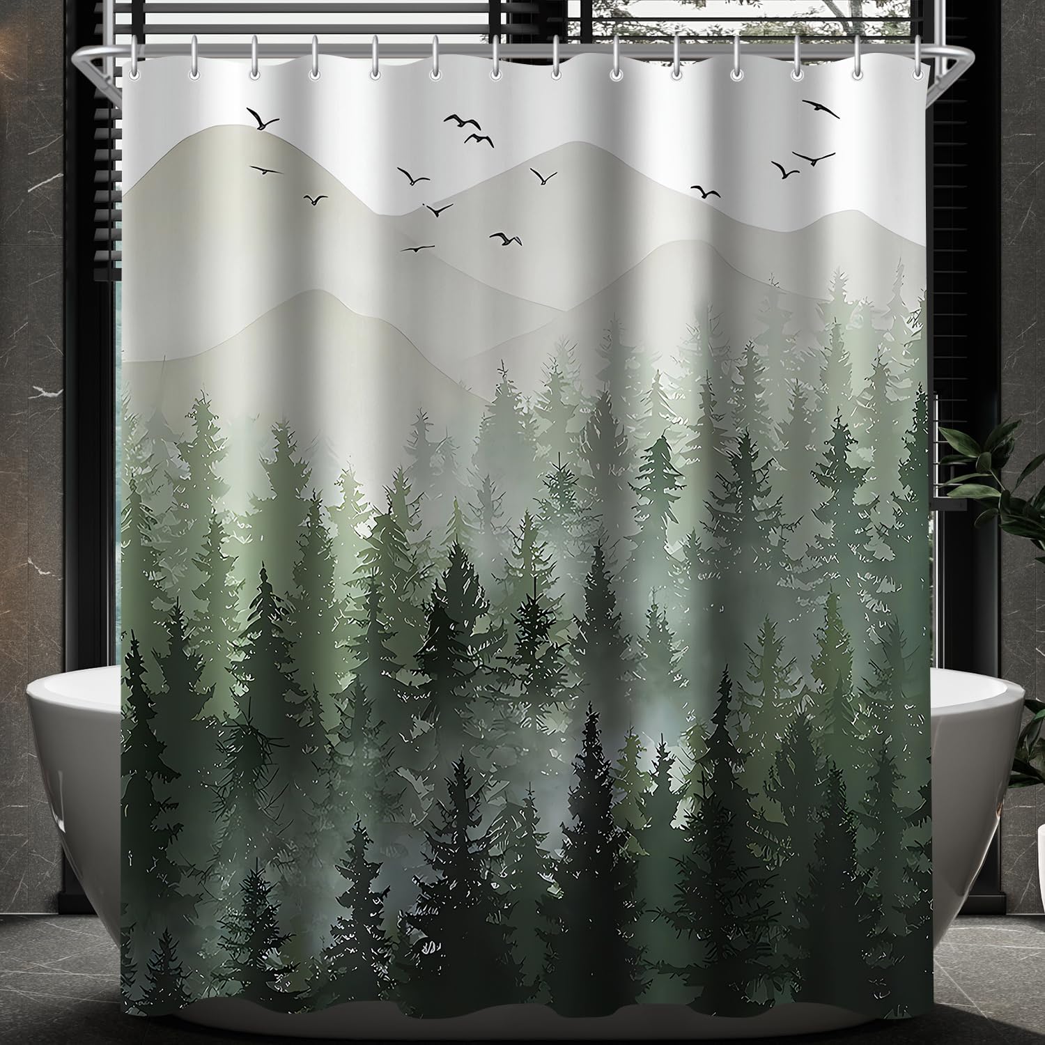 Lerores Duschvorhang 100x180cm, Wald Antischimmel Textil, Beschwerter Saum Wasserabweisend, Waschbar Polyester Stoff Badevorhänge mit 12 Ösen und Duschvorhangringe für Badezimmer, Badewanne