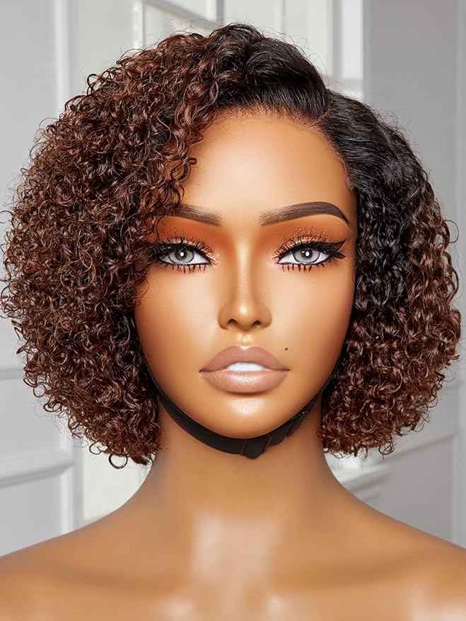 YASGRL 8" Brown Curly Wig Human Hair Pre Cut Lace Wig
