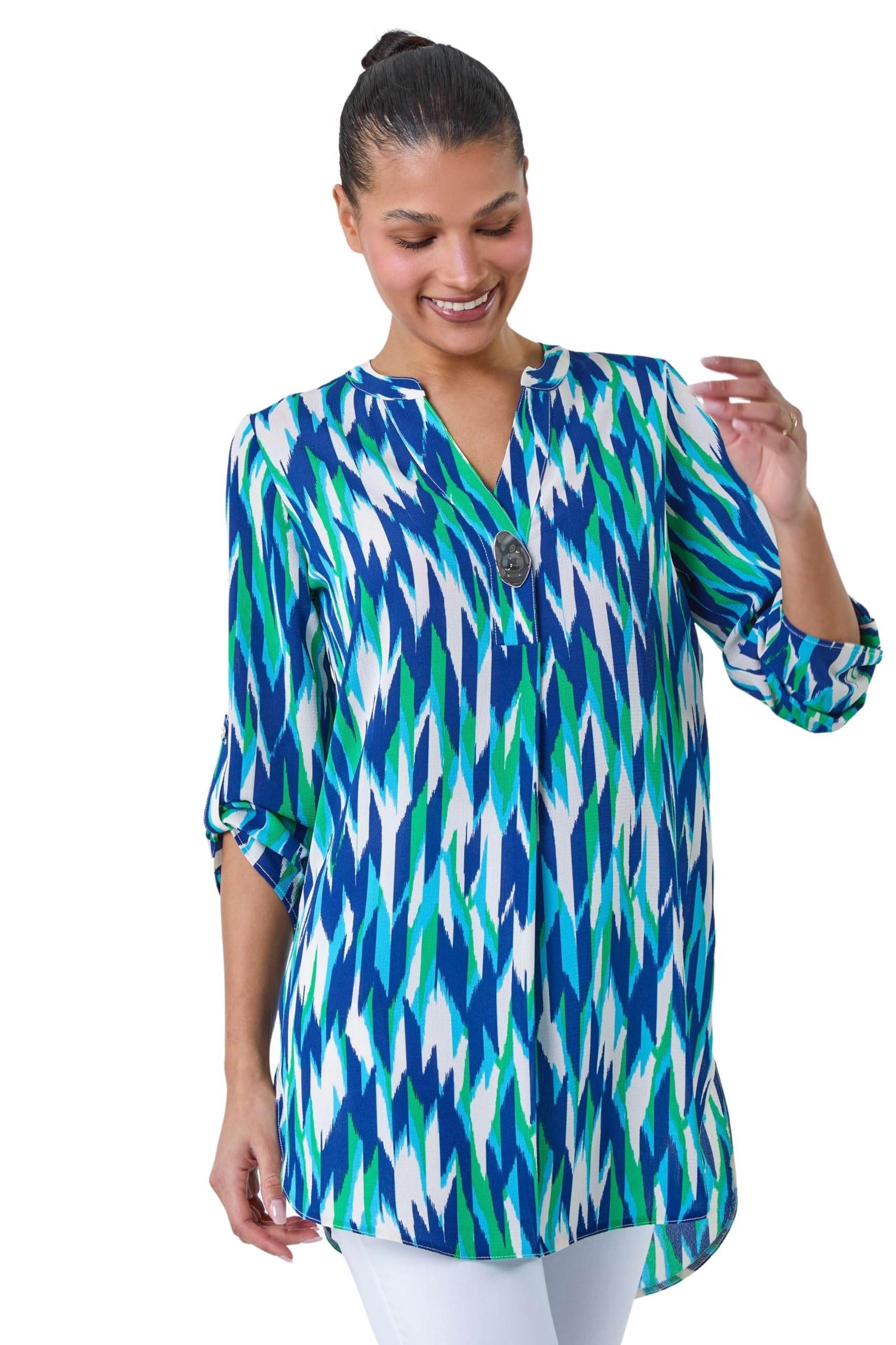 Roman Abstract Longline Tunic Top - Blue - 3/4 Sleeve - Notch V-Neck
