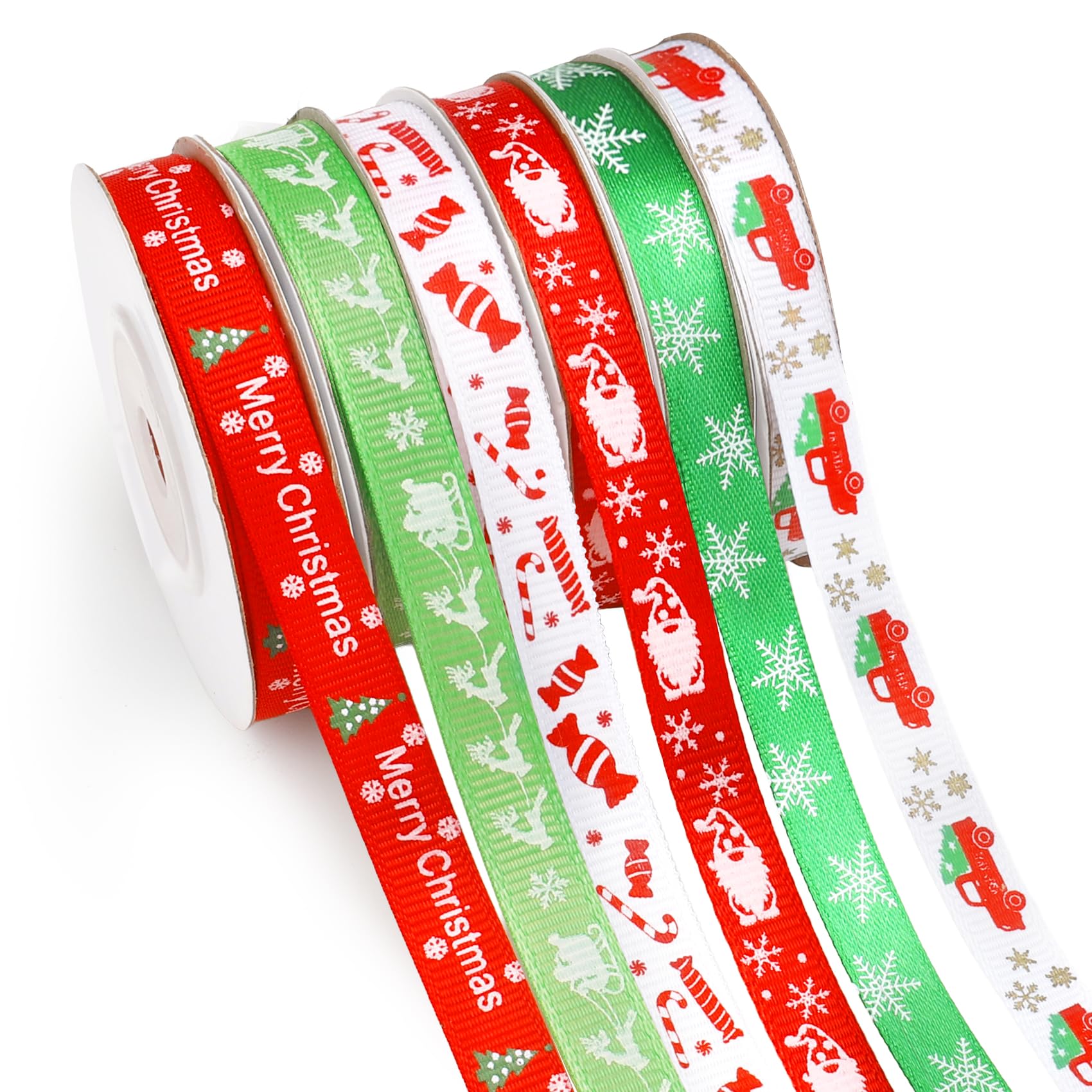 Christmas Ribbon 60 Yards 6 Rolls Green White Red Ribbons 10 mm Grosgrain Ribbons Merry Christmas Ribbon for Xmas Party Decorations Gift Wrapping Crafting DIY Holiday Hair Bow Clips